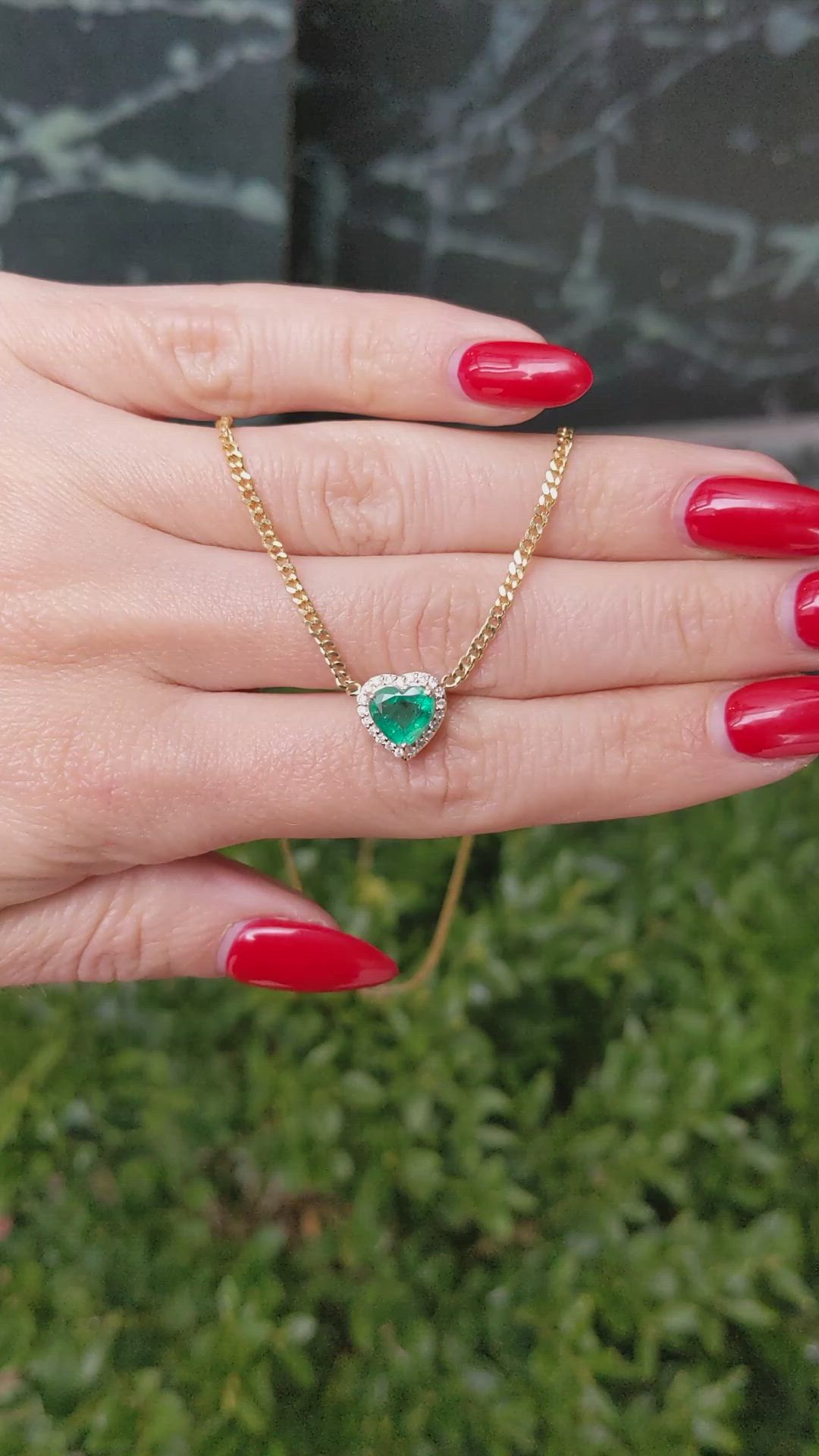 1.02 Ct. Emerald and Natural Diamond Halo Necklace, 14K Yellow Gold Size Video