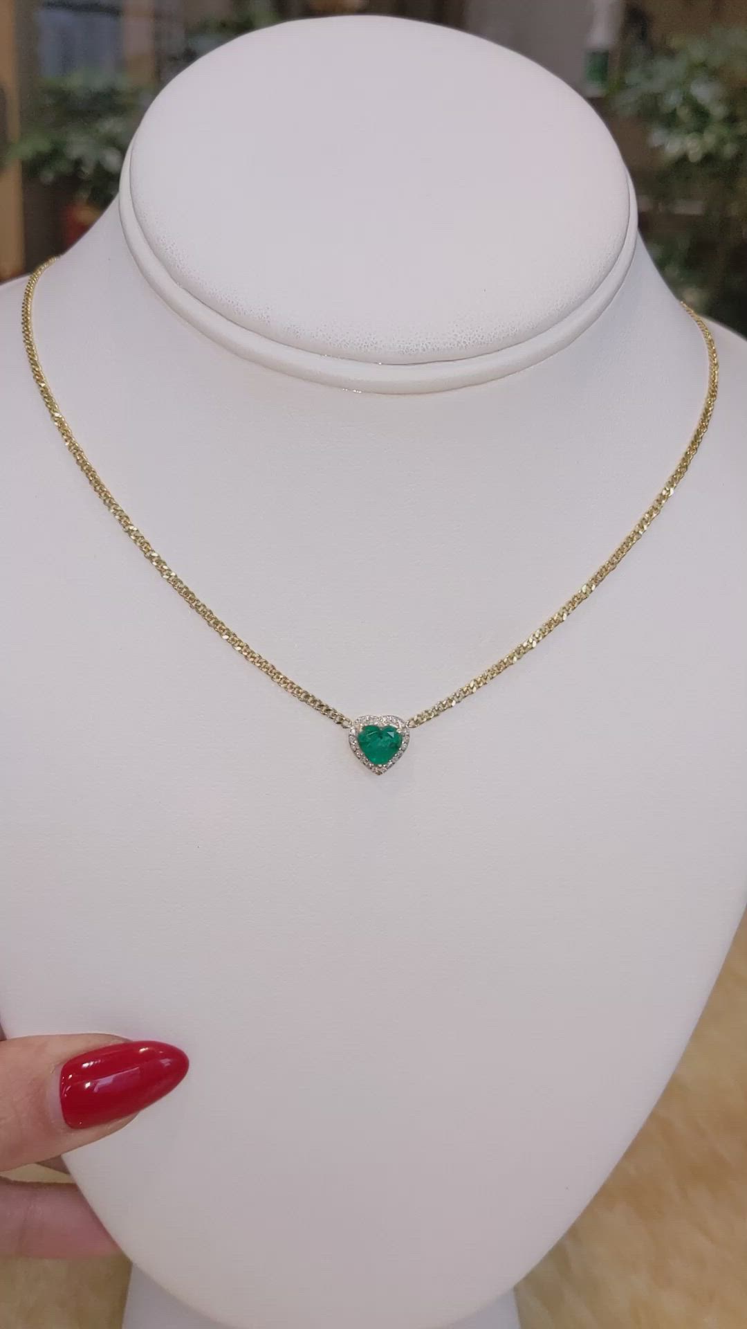 1.02 Ct. Emerald and Natural Diamond Halo Necklace, 14K Yellow Gold Size Video