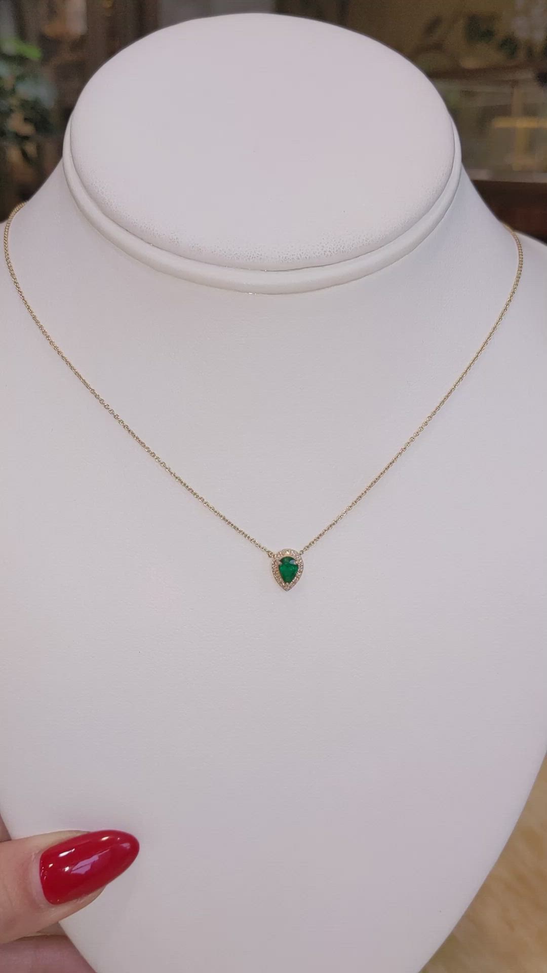 0.36 Ct. Emerald and Natural Diamond Halo Necklace, 18K Yellow Gold Size Video