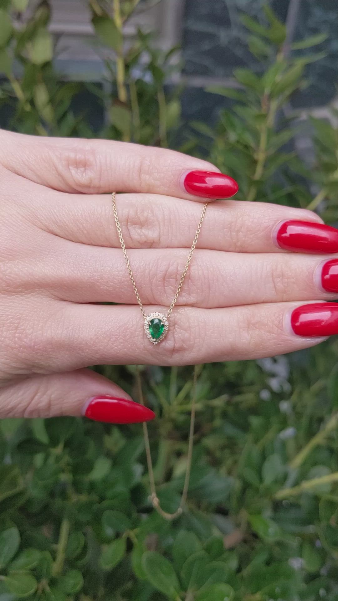 0.36 Ct. Emerald and Natural Diamond Halo Necklace, 18K Yellow Gold Size Video