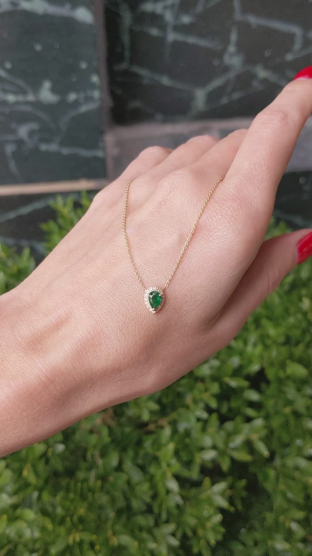 0.36 Ct. Emerald and Natural Diamond Halo Necklace, 18K Yellow Gold Size Video