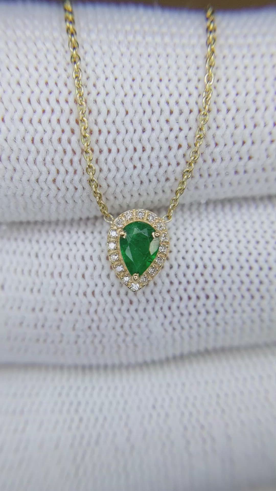 0.36 Ct. Emerald and Natural Diamond Halo Necklace, 18K Yellow Gold Size Video