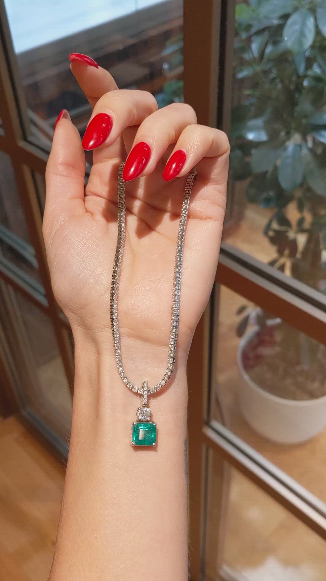 3.76 Ct. Emerald and Natural Diamond Pave Pendant, 14K White Gold Size Video
