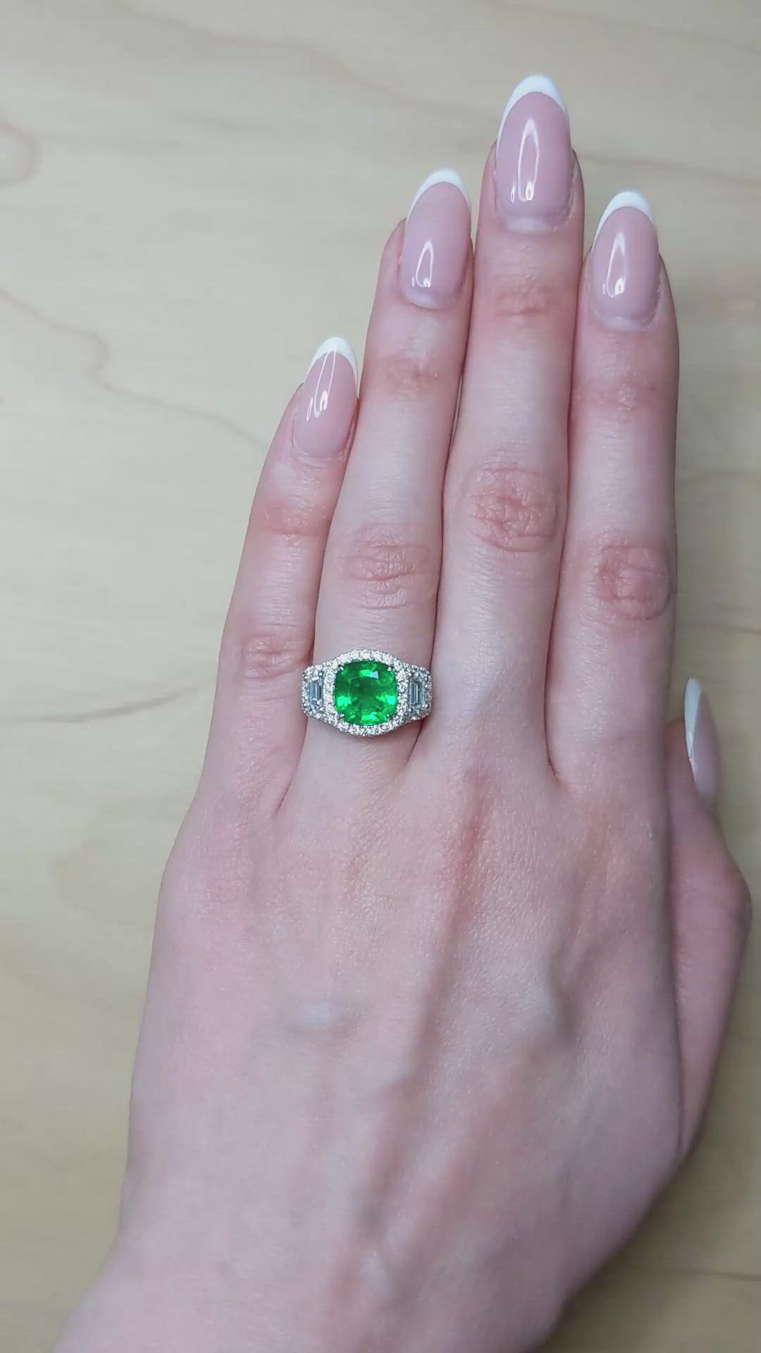 3.14 Ct. Emerald and Yellow Natural Diamond Three Stone Ring, 14K White Gold Size Video