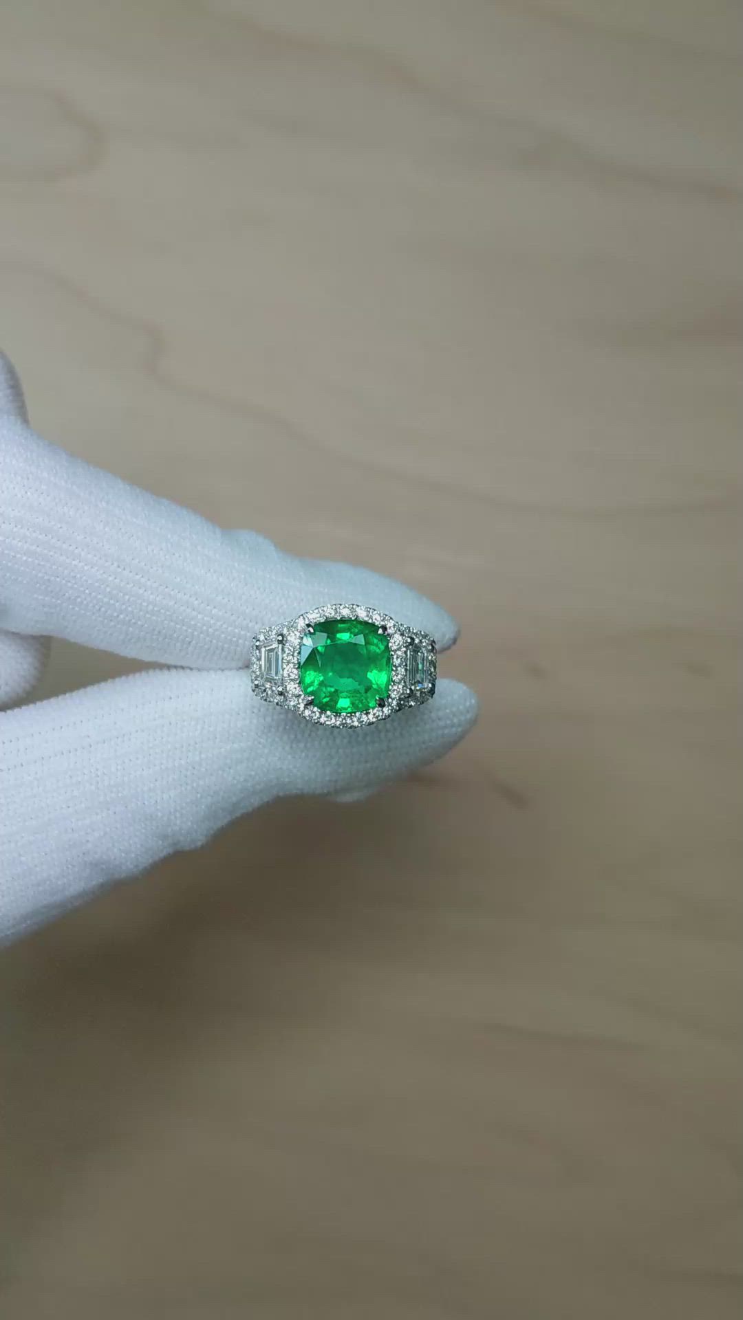 3.14 Ct. Emerald and Yellow Natural Diamond Three Stone Ring, 14K White Gold Size Video