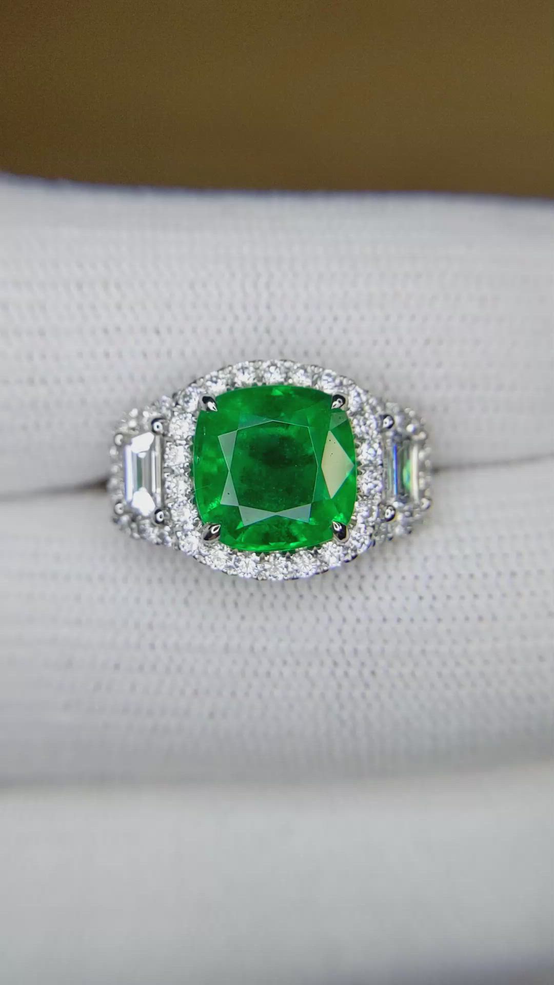 3.14 Ct. Emerald and Yellow Natural Diamond Three Stone Ring, 14K White Gold Size Video