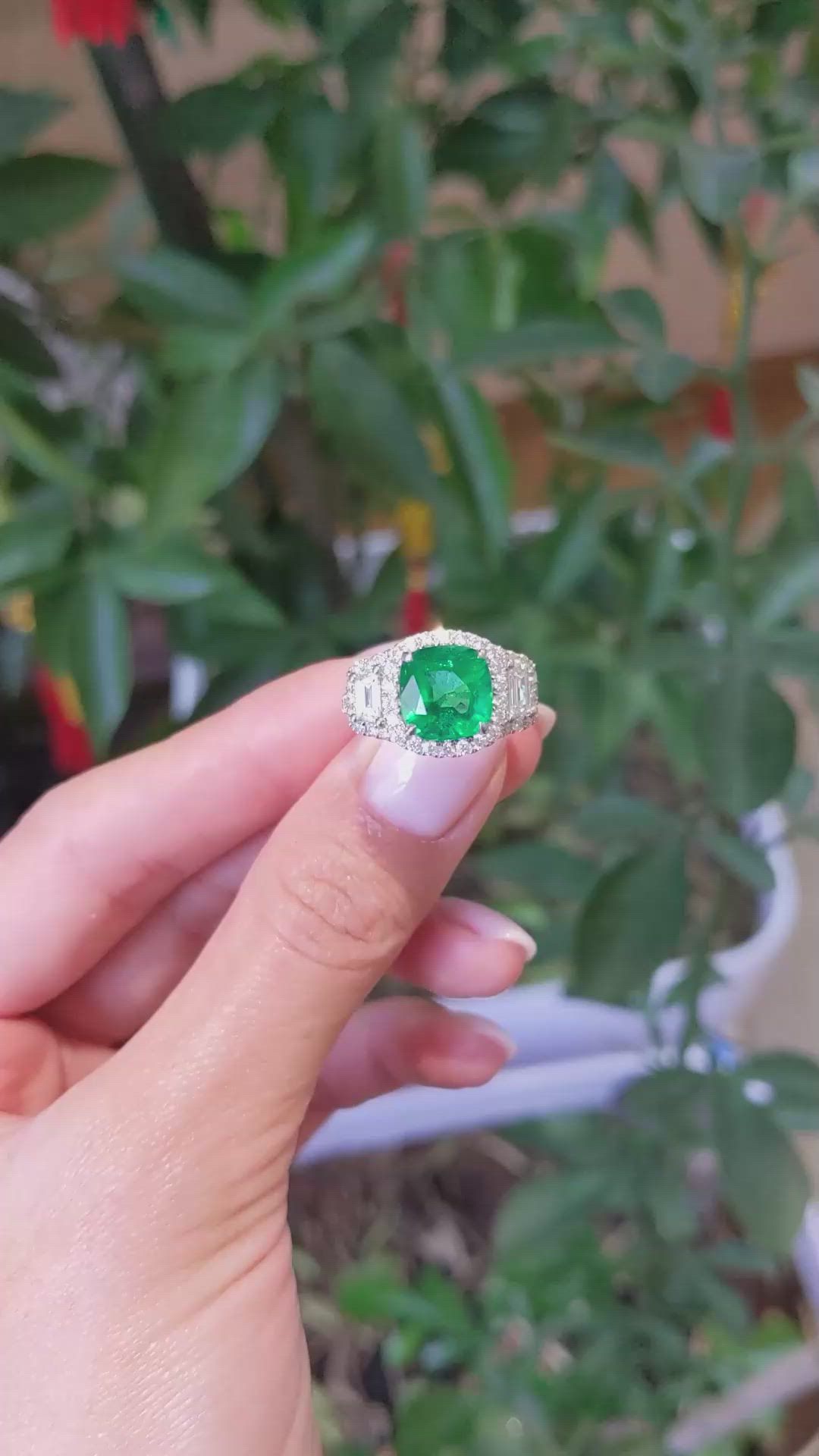 3.14 Ct. Emerald and Yellow Natural Diamond Three Stone Ring, 14K White Gold Size Video