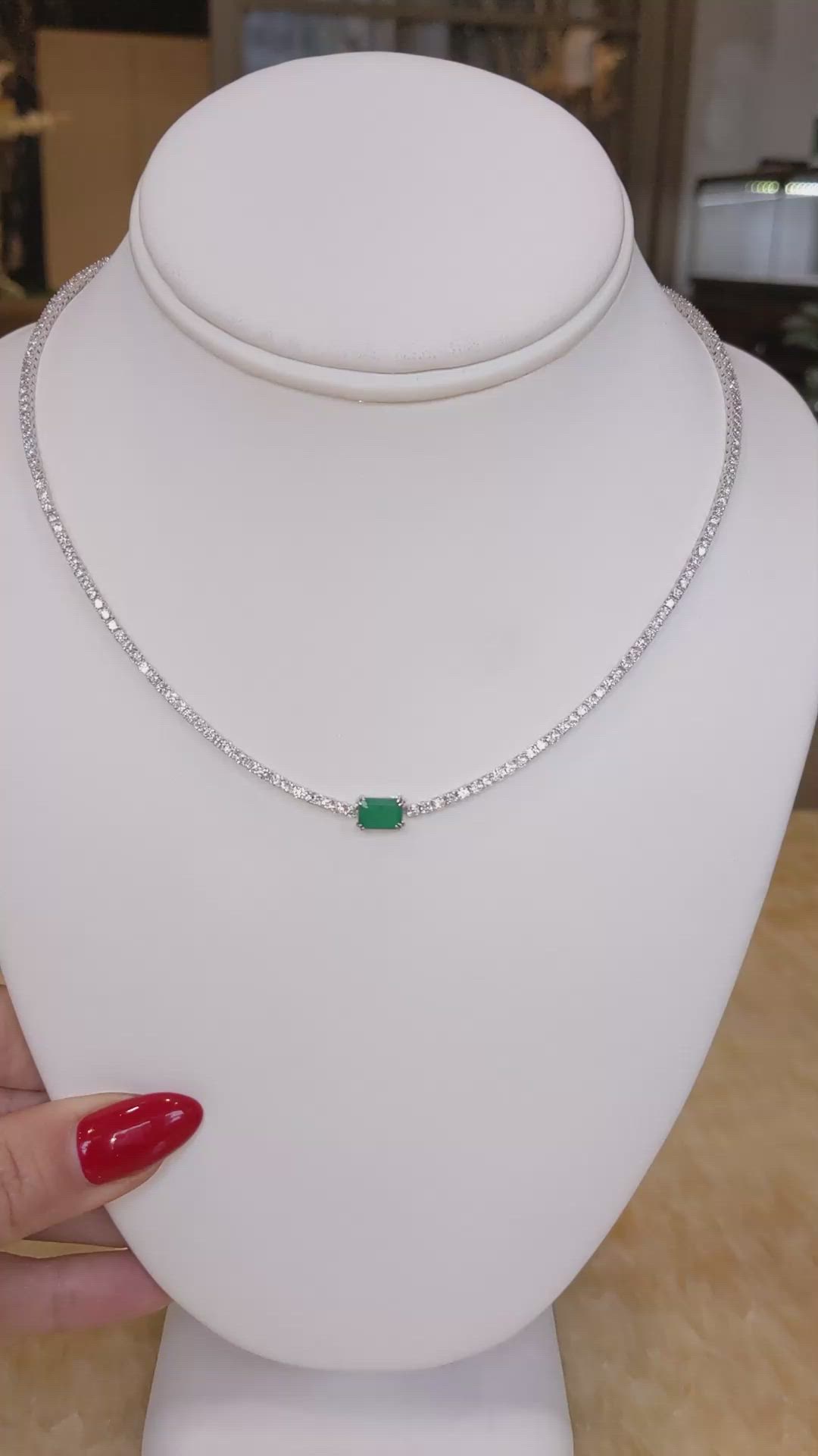 0.93 Ct. Emerald and Natural Diamond Tennis/Riviere Necklace, 14K White Gold Size Video