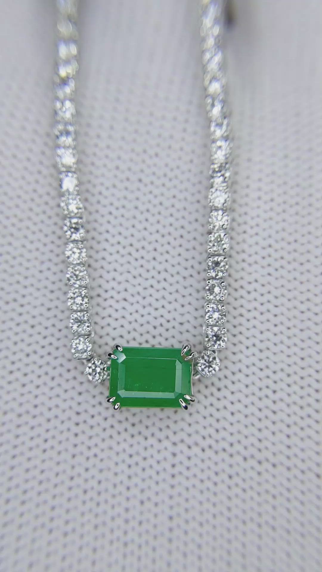0.93 Ct. Emerald and Natural Diamond Tennis/Riviere Necklace, 14K White Gold Size Video