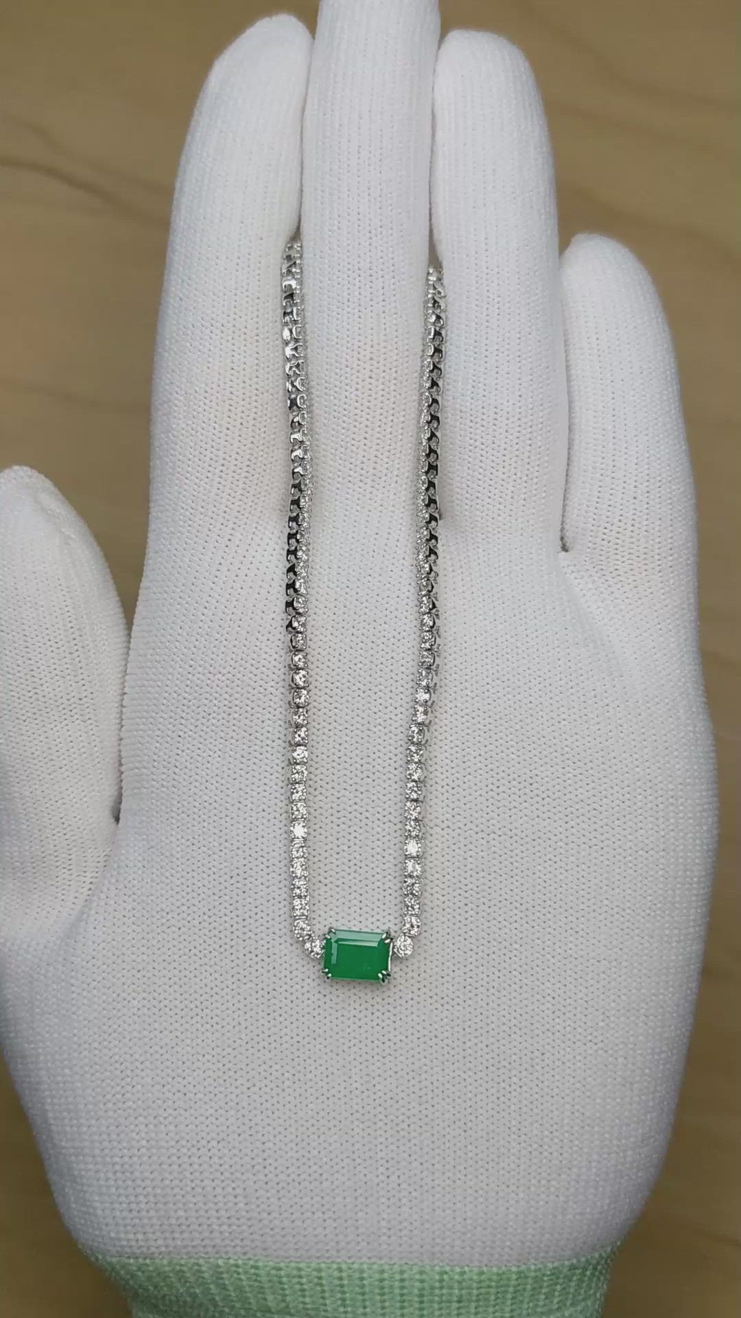 0.93 Ct. Emerald and Natural Diamond Tennis/Riviere Necklace, 14K White Gold Size Video