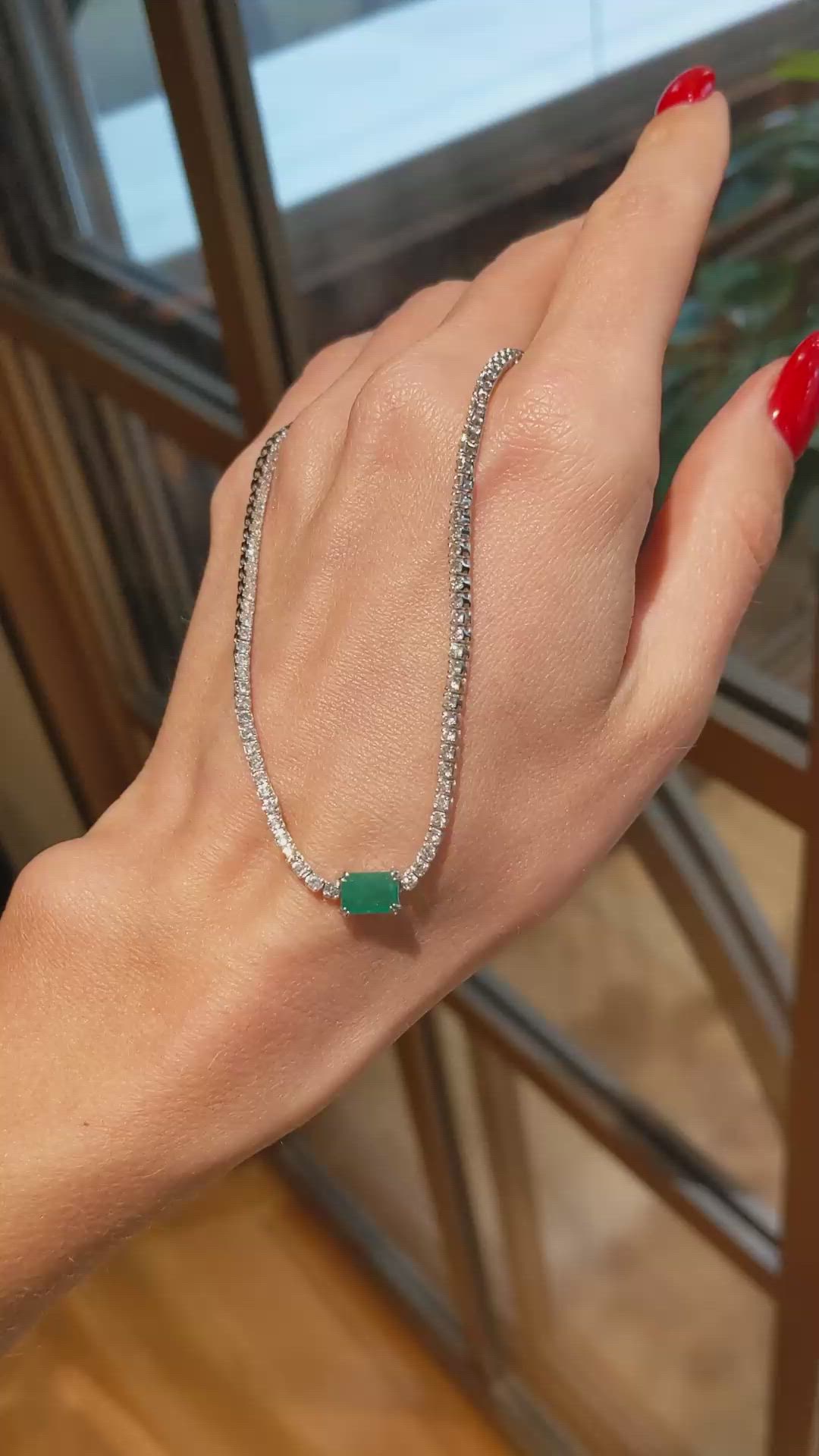 0.93 Ct. Emerald and Natural Diamond Tennis/Riviere Necklace, 14K White Gold Size Video