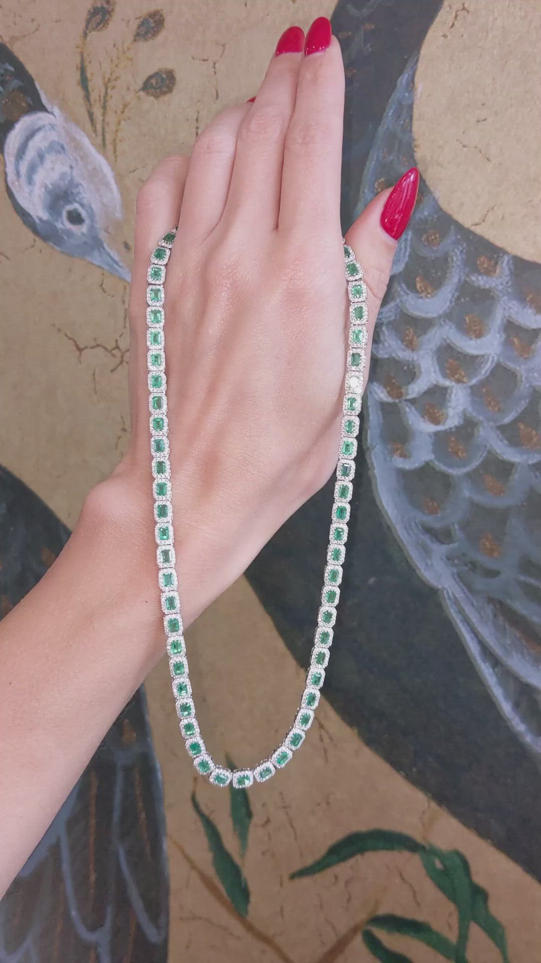 12.68 Ct. Emerald and Natural Diamond Pave Necklace, 14K White Gold Size Video
