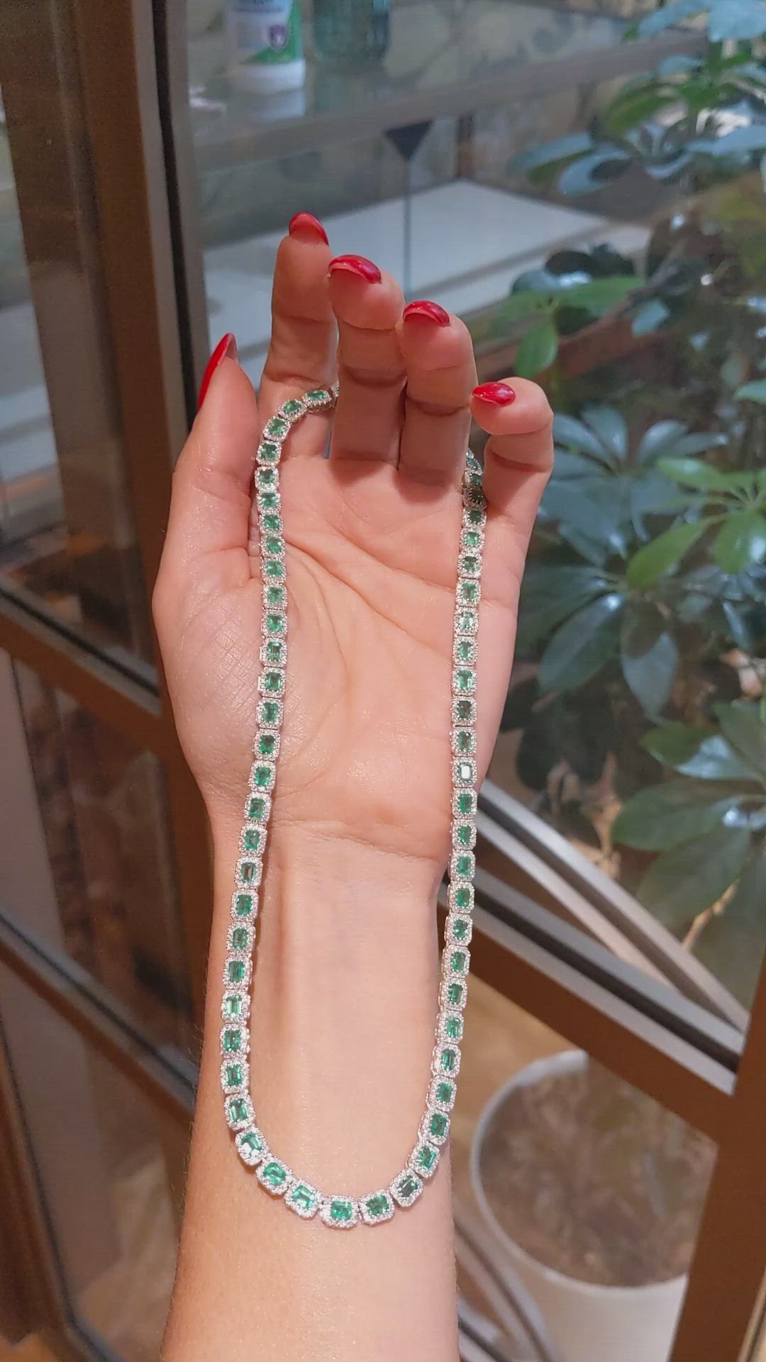 12.68 Ct. Emerald and Natural Diamond Pave Necklace, 14K White Gold Size Video