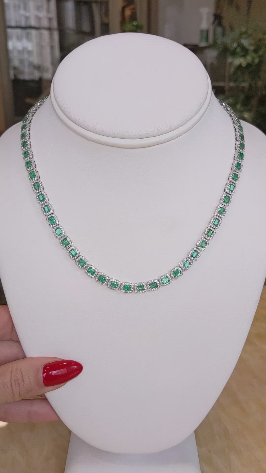12.68 Ct. Emerald and Natural Diamond Pave Necklace, 14K White Gold Size Video