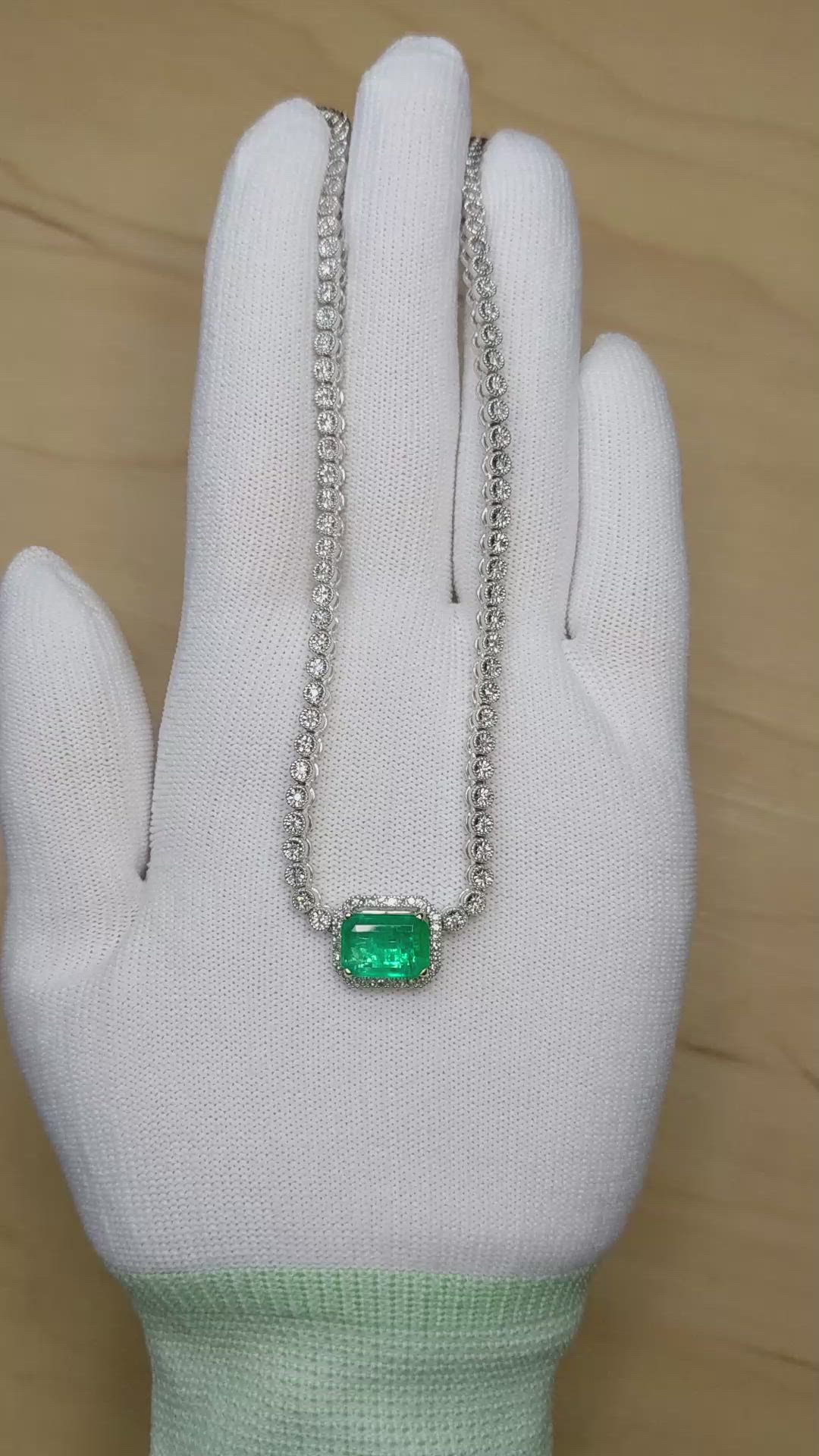 2.51 Ct. Emerald and Natural Diamond Pave Necklace, 14K White Gold Size Video