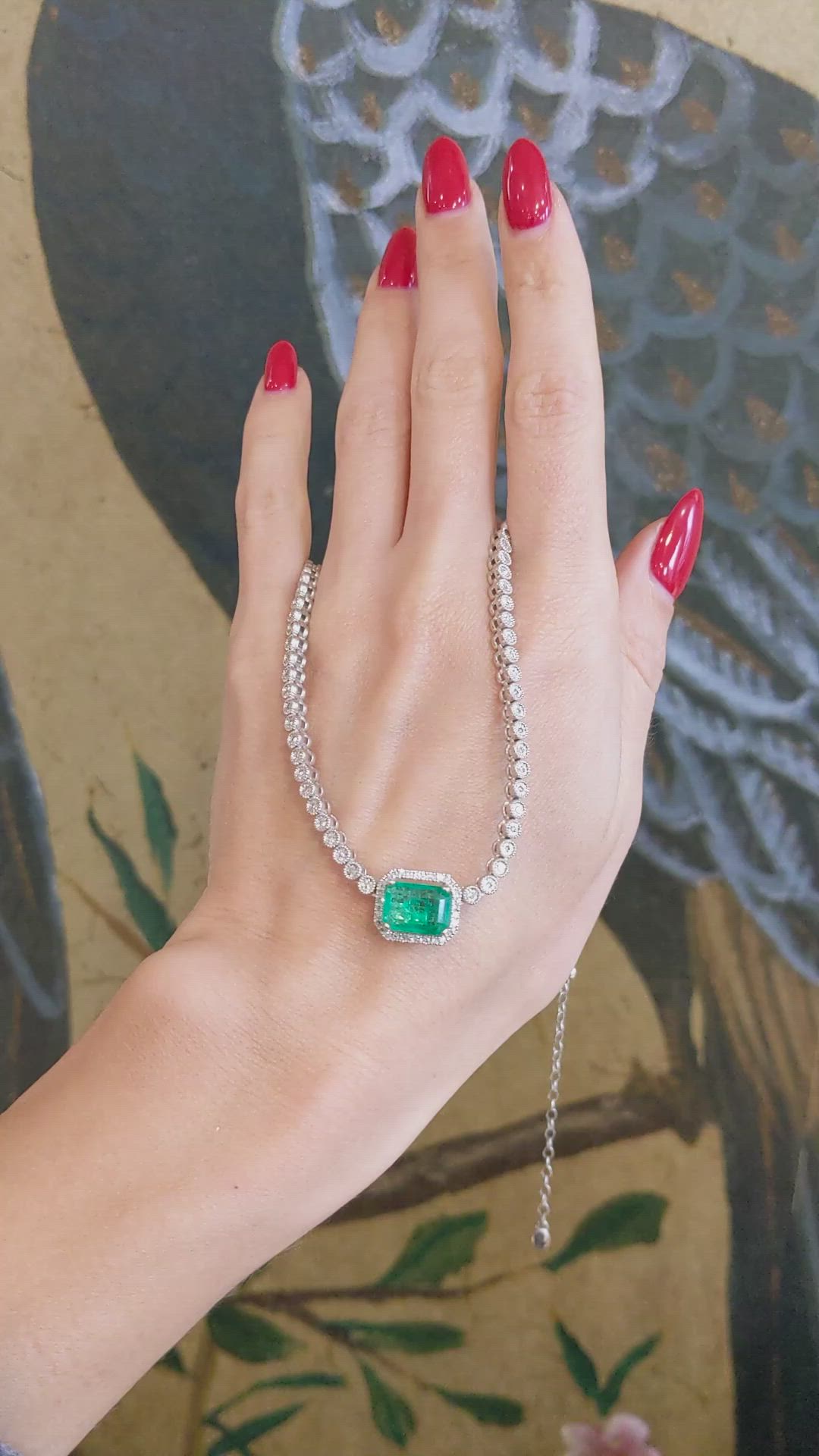 2.51 Ct. Emerald and Natural Diamond Pave Necklace, 14K White Gold Size Video