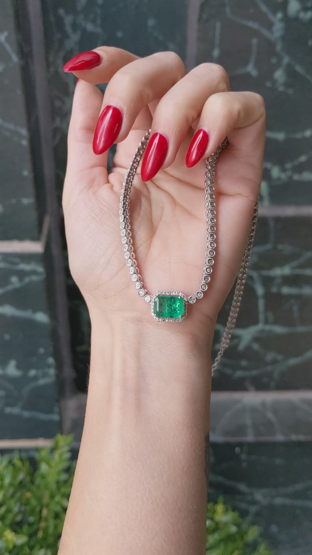 2.51 Ct. Emerald and Natural Diamond Pave Necklace, 14K White Gold Size Video