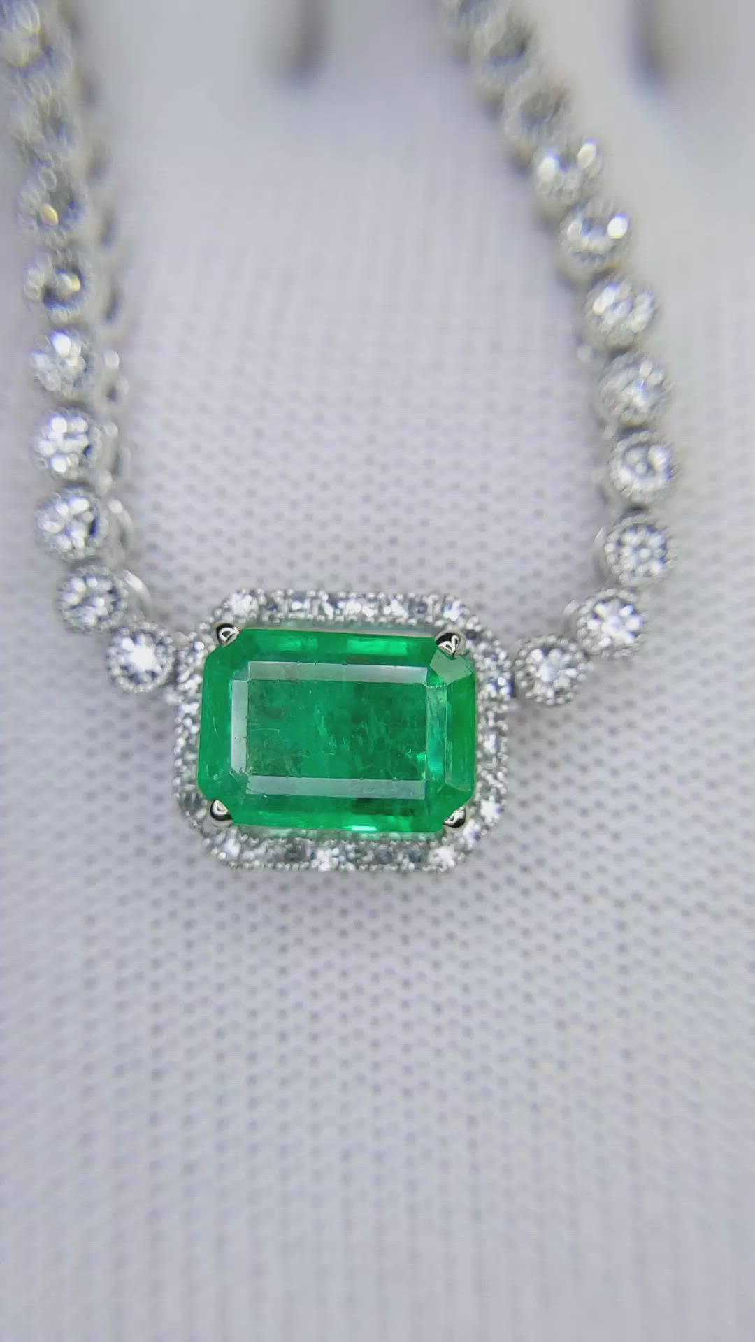 2.51 Ct. Emerald and Natural Diamond Pave Necklace, 14K White Gold Size Video