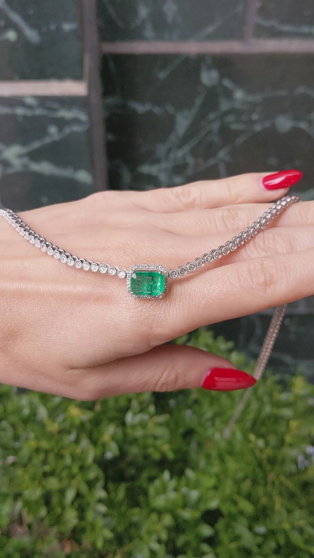 2.51 Ct. Emerald and Natural Diamond Pave Necklace, 14K White Gold Size Video