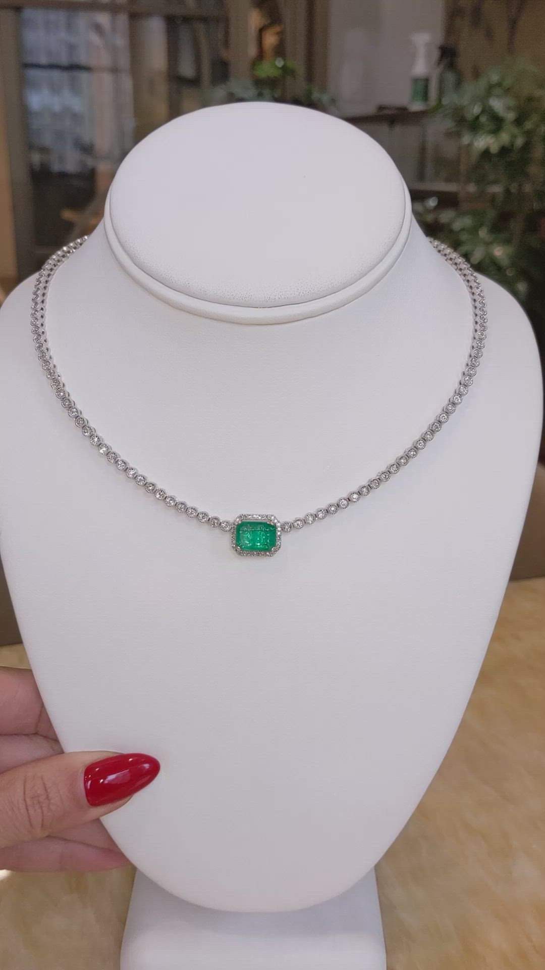 2.51 Ct. Emerald and Natural Diamond Pave Necklace, 14K White Gold Size Video