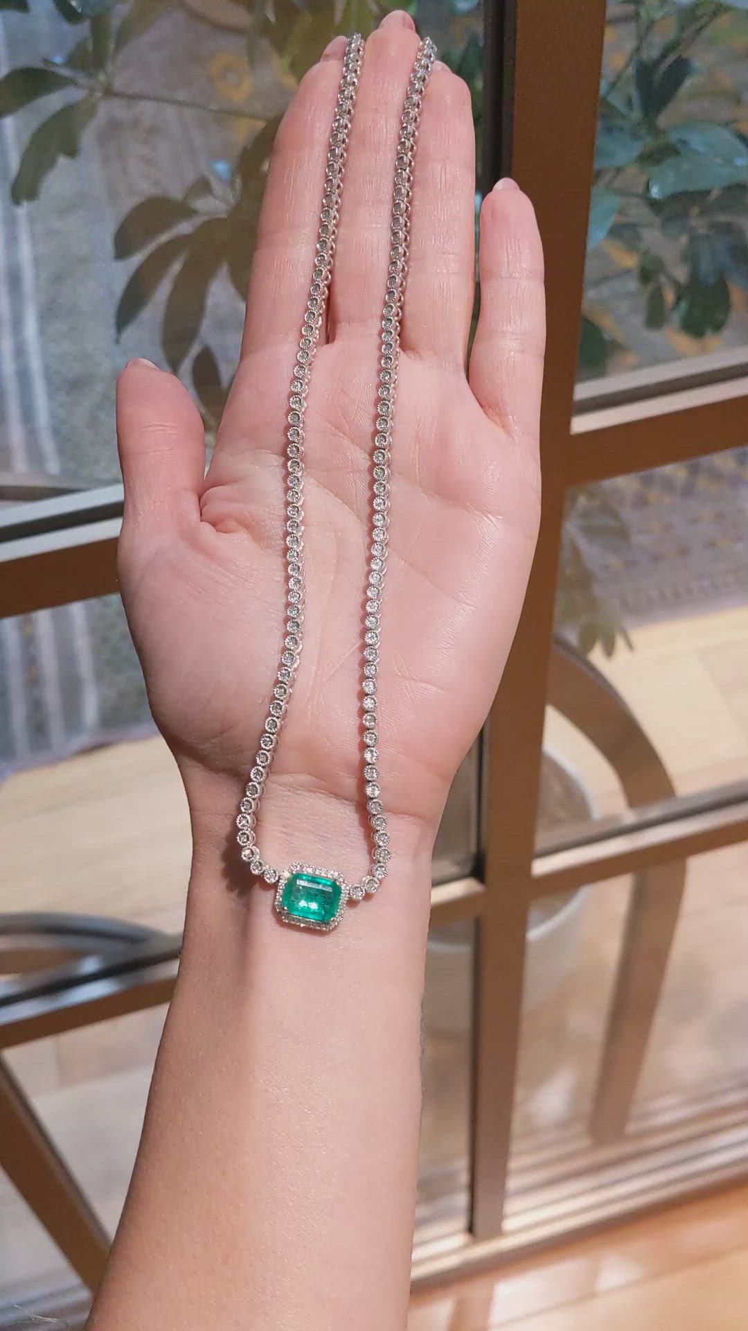 2.51 Ct. Emerald and Natural Diamond Pave Necklace, 14K White Gold Size Video