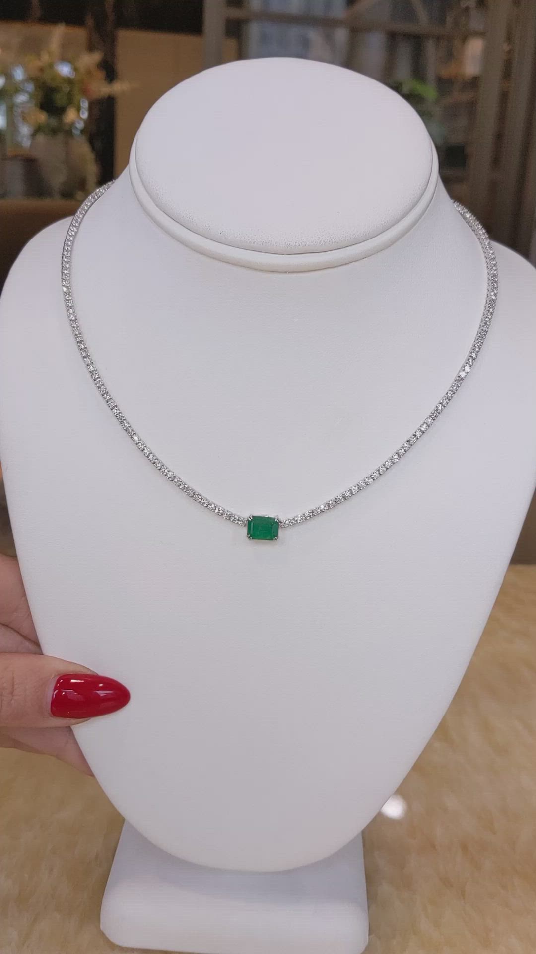 1.45 Ct. Emerald and Natural Diamond Tennis/Riviere Necklace, 14K White Gold Size Video