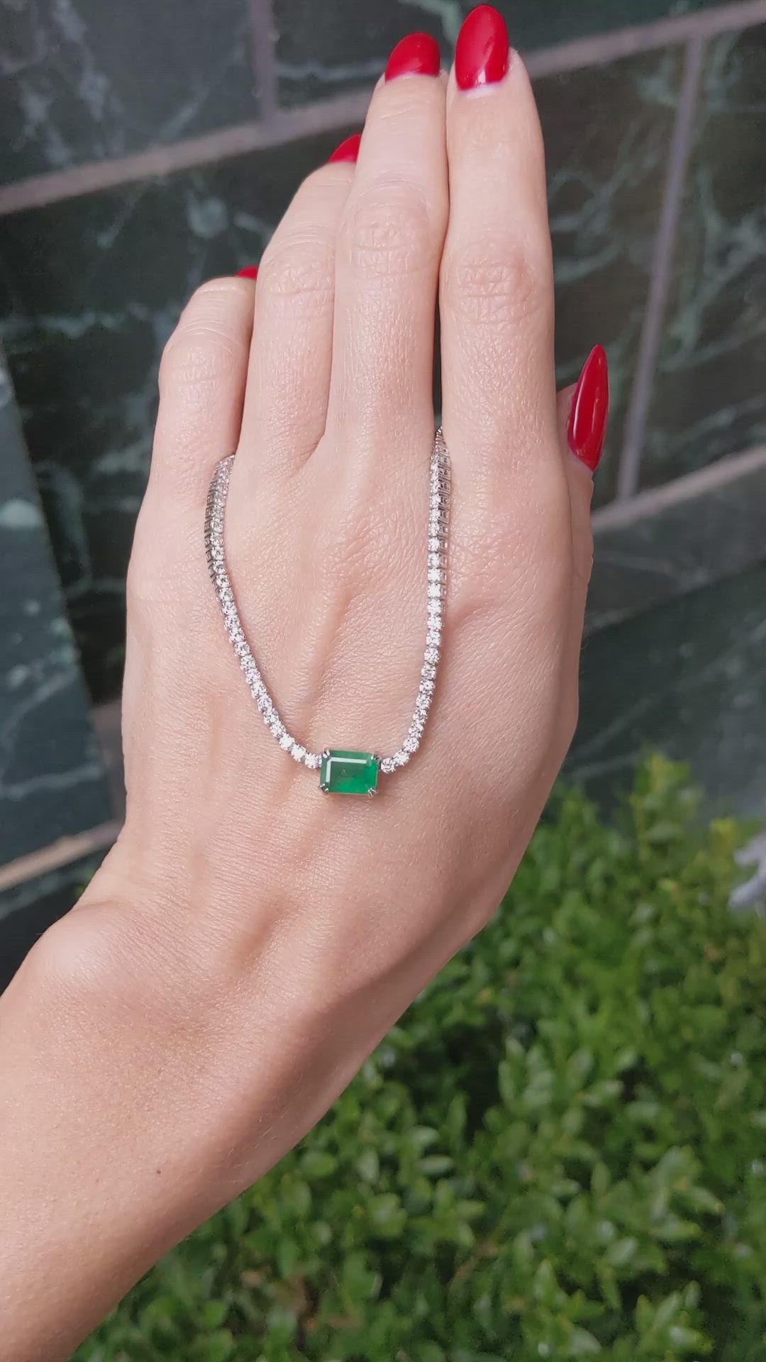 1.45 Ct. Emerald and Natural Diamond Tennis/Riviere Necklace, 14K White Gold Size Video