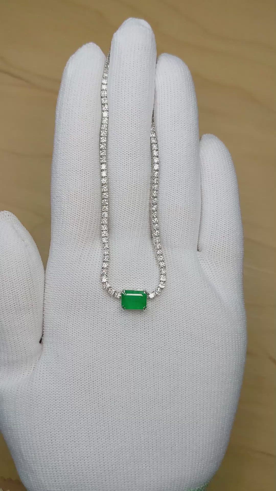 1.45 Ct. Emerald and Natural Diamond Tennis/Riviere Necklace, 14K White Gold Size Video