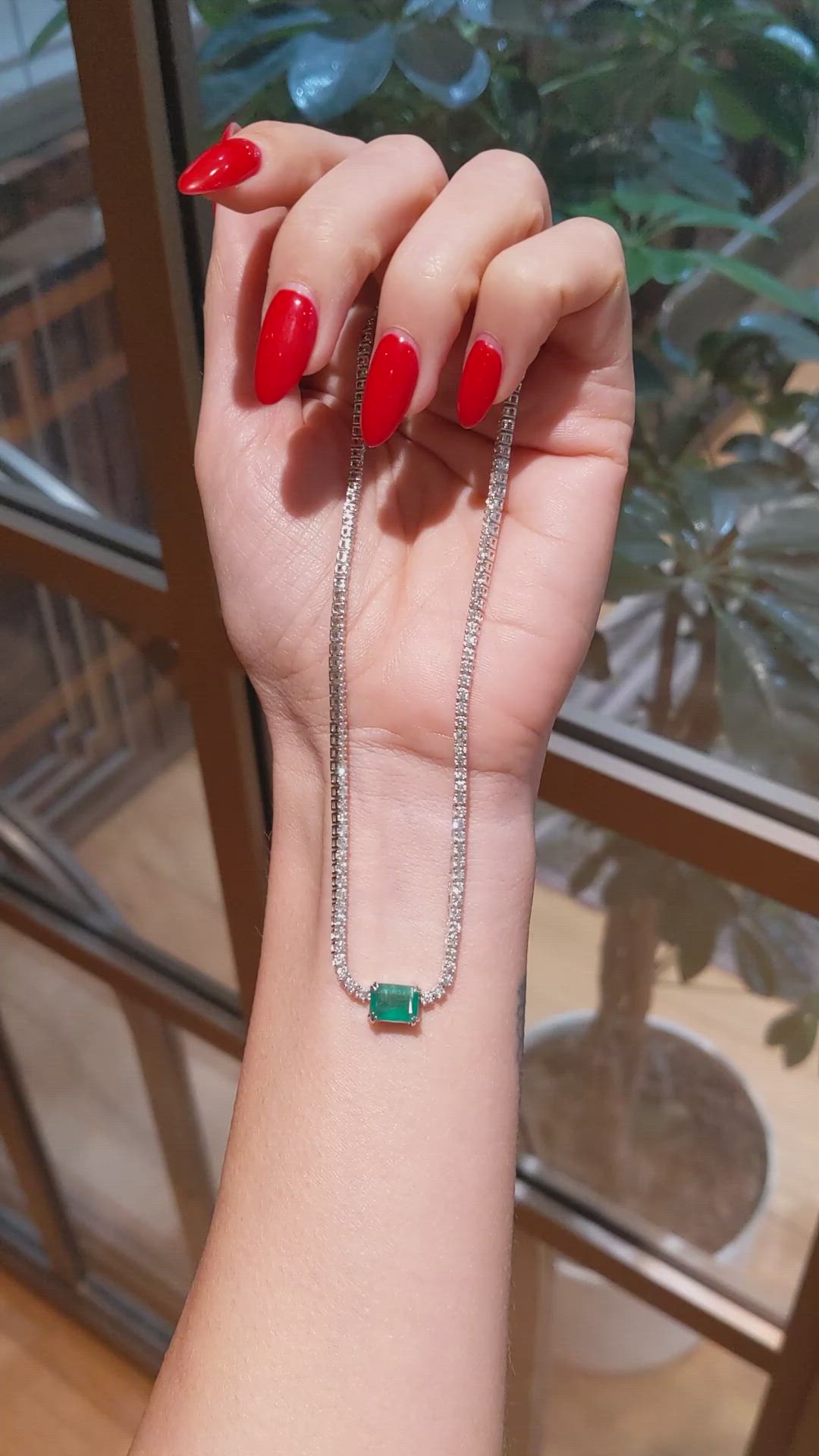 1.45 Ct. Emerald and Natural Diamond Tennis/Riviere Necklace, 14K White Gold Size Video