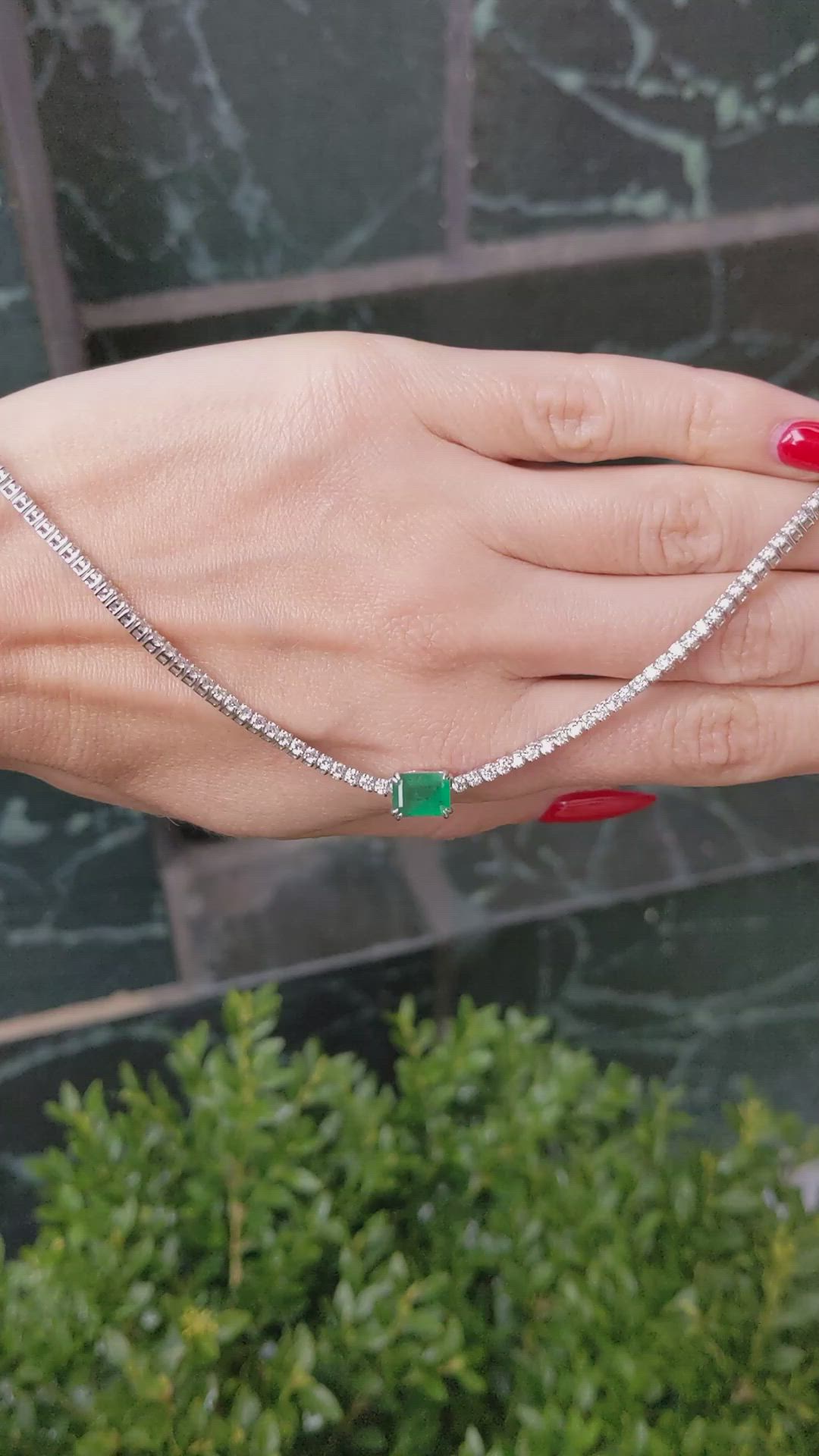 1.45 Ct. Emerald and Natural Diamond Tennis/Riviere Necklace, 14K White Gold Size Video
