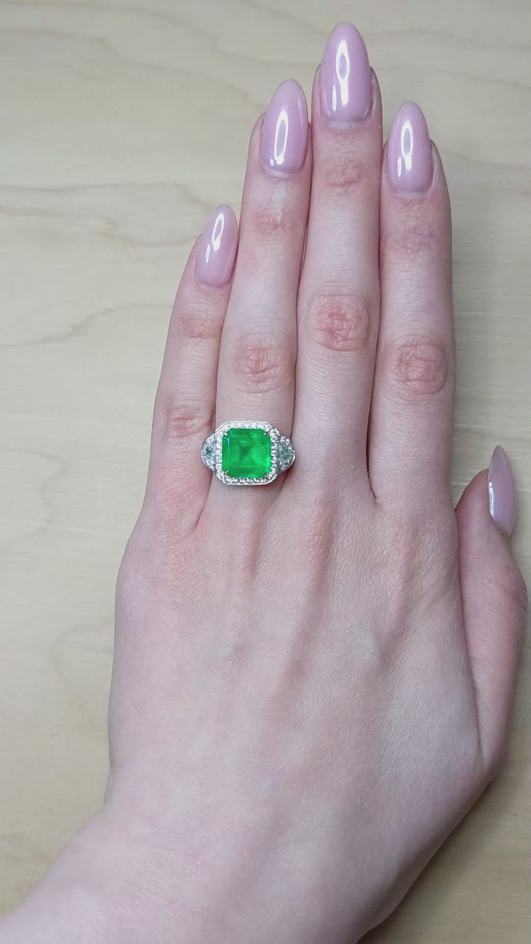 5.28 Ct. Emerald and Natural Diamond Three Stone Ring, 18K White & Yellow Size Video