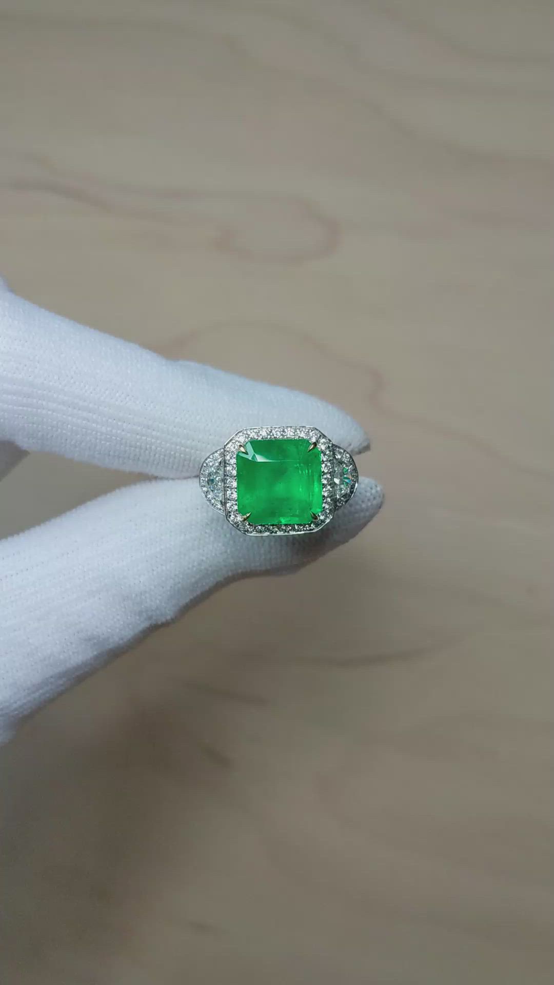 5.28 Ct. Emerald and Natural Diamond Three Stone Ring, 18K White & Yellow Size Video