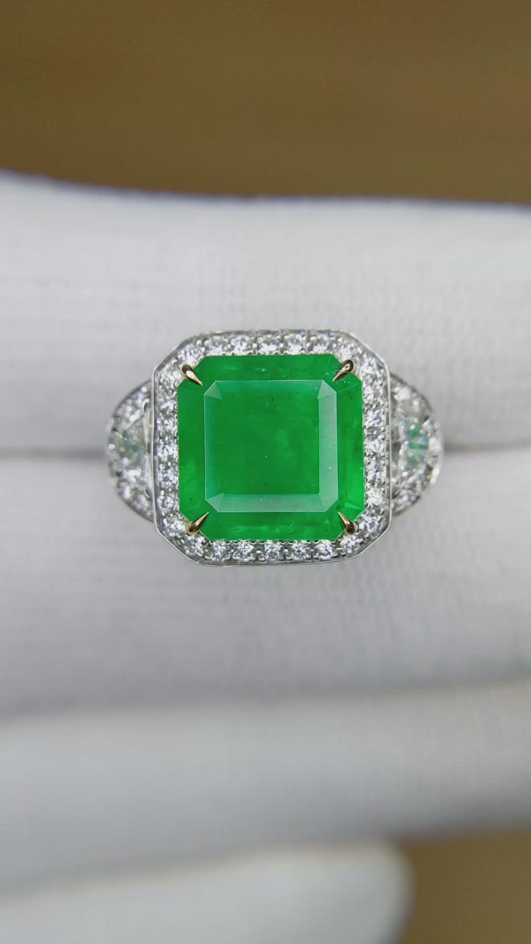 5.28 Ct. Emerald and Natural Diamond Three Stone Ring, 18K White & Yellow Size Video