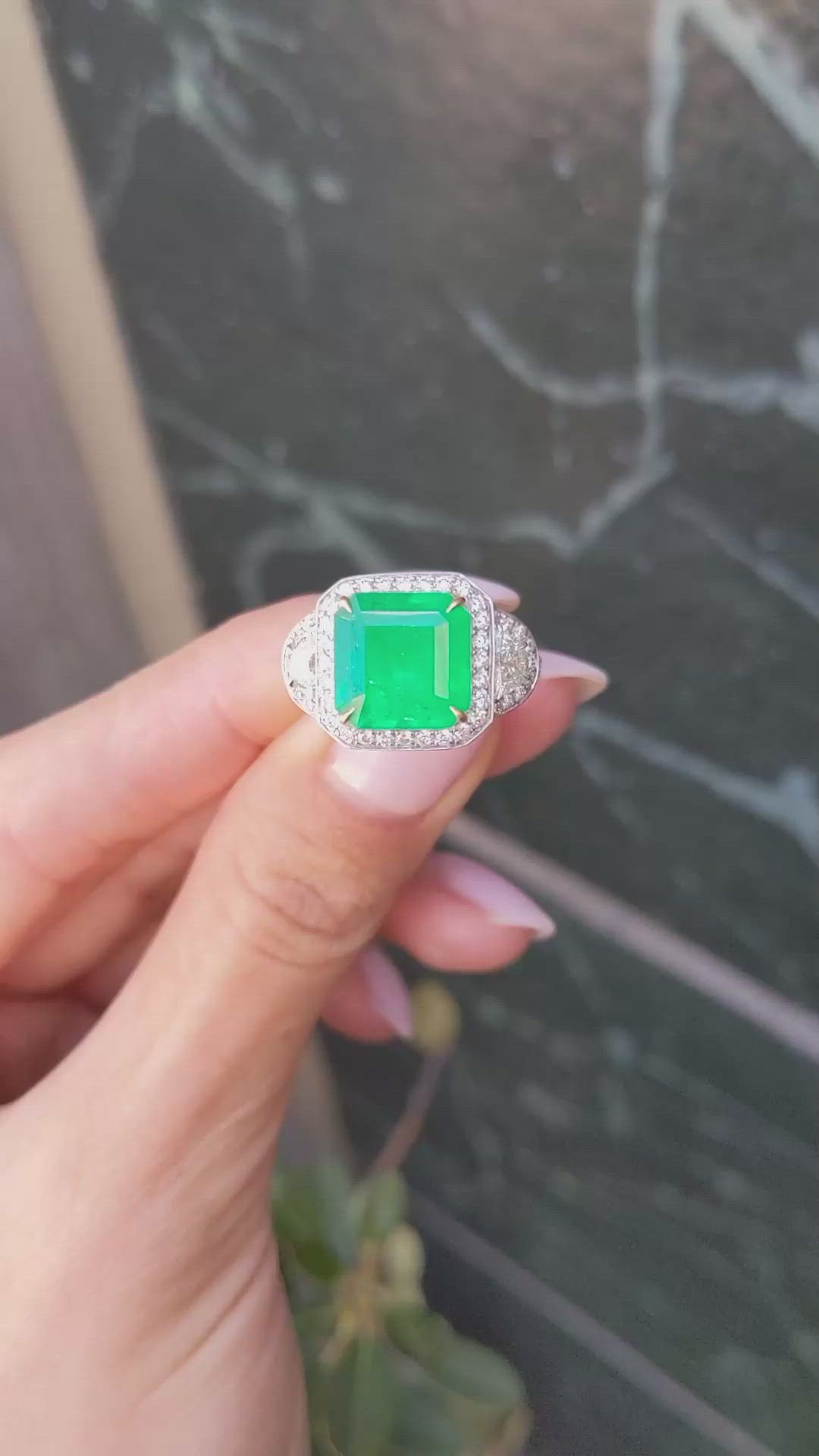 5.28 Ct. Emerald and Natural Diamond Three Stone Ring, 18K White & Yellow Size Video