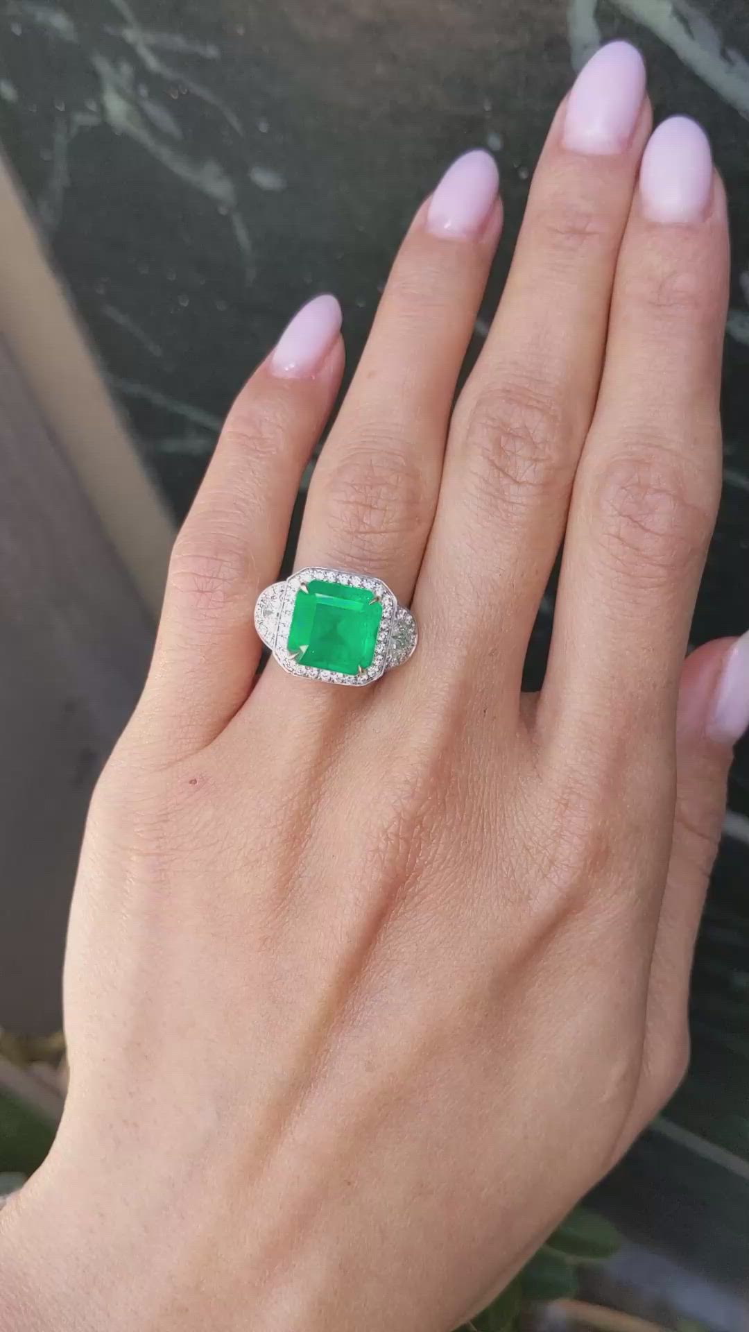 5.28 Ct. Emerald and Natural Diamond Three Stone Ring, 18K White & Yellow Size Video
