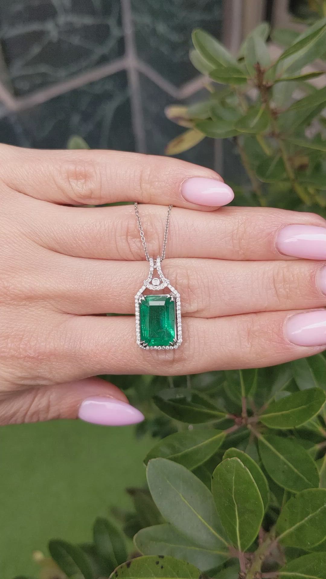 5.05 Ct. Emerald and Natural Diamond Halo Pendant, 14K White Gold Size Video