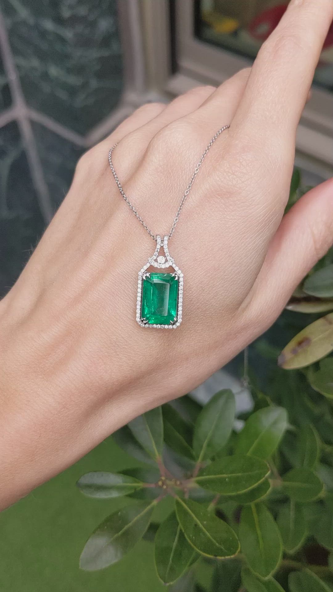 5.05 Ct. Emerald and Natural Diamond Halo Pendant, 14K White Gold Size Video