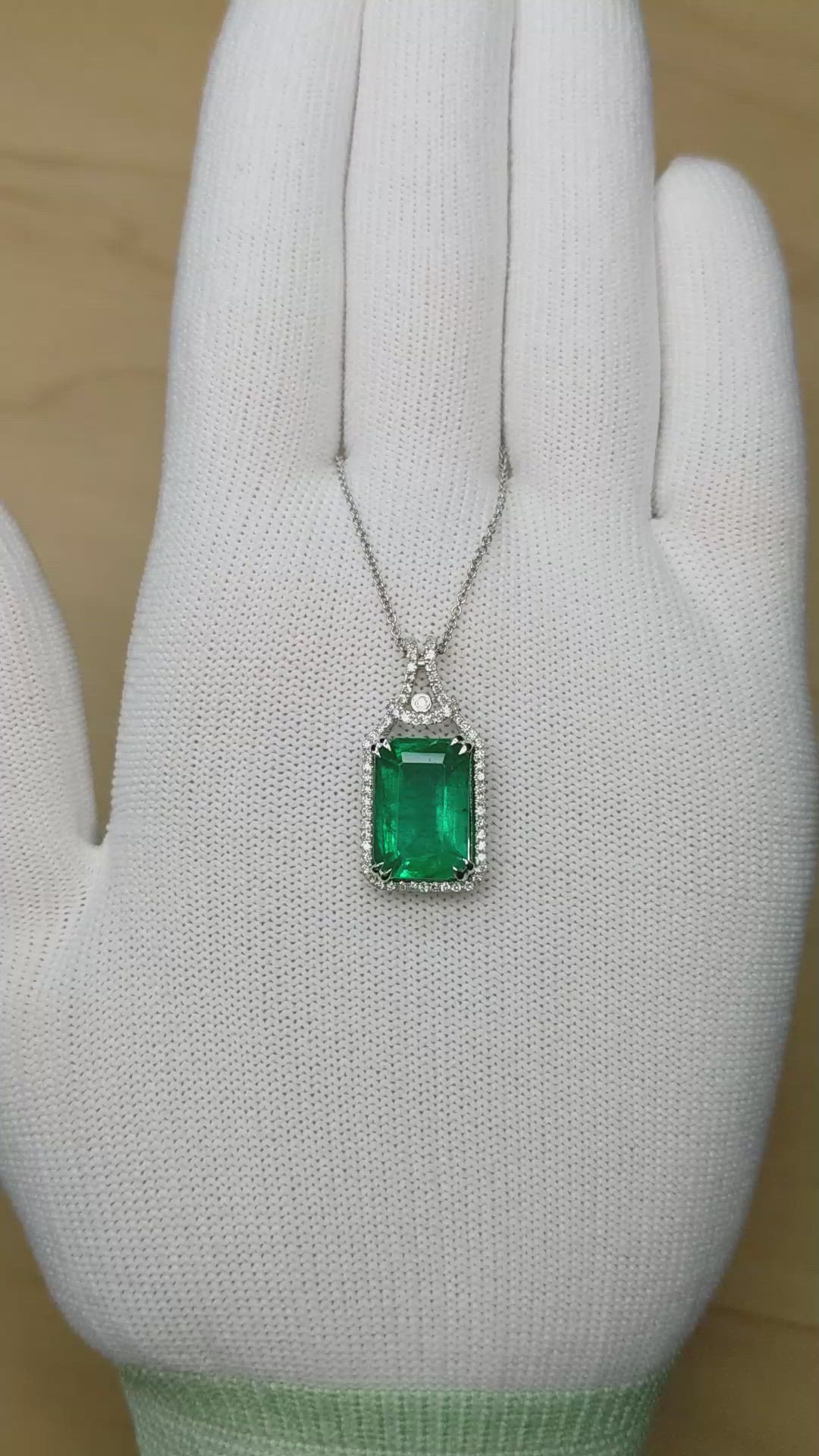 5.05 Ct. Emerald and Natural Diamond Halo Pendant, 14K White Gold Size Video