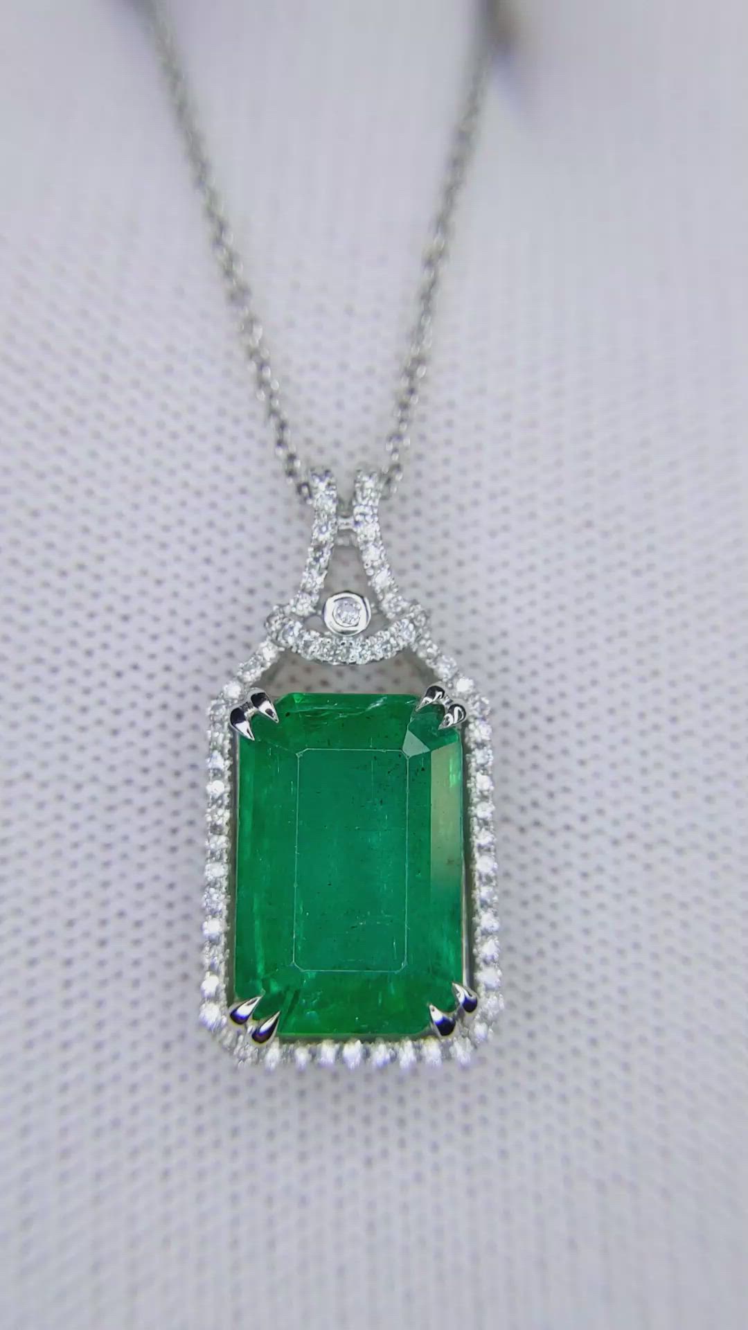 5.05 Ct. Emerald and Natural Diamond Halo Pendant, 14K White Gold Size Video