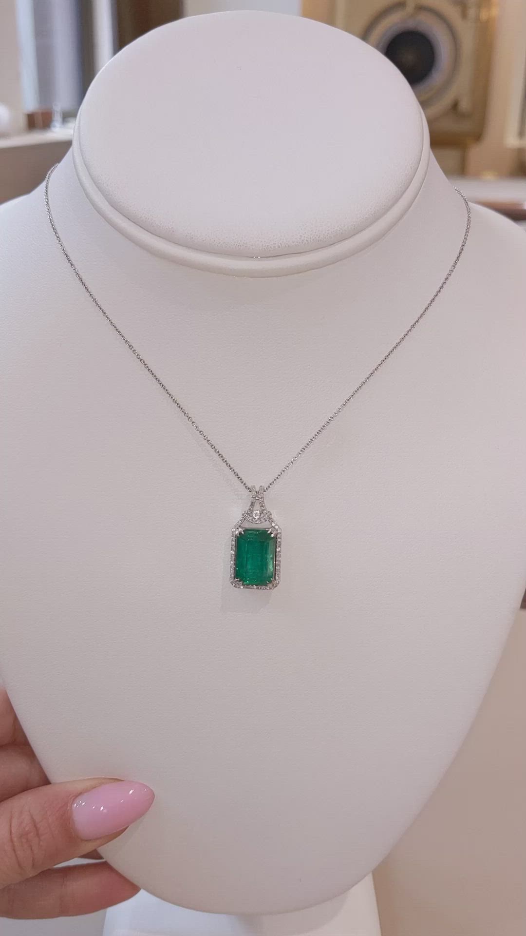 5.05 Ct. Emerald and Natural Diamond Halo Pendant, 14K White Gold Size Video
