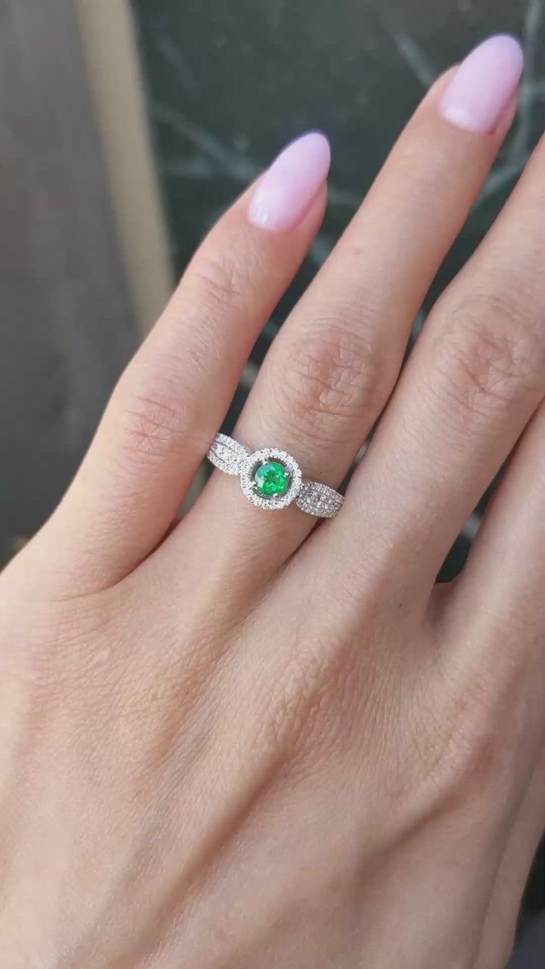 0.24 Ct. Emerald and Natural Diamond Pave Ring, 18K White Gold Size Video