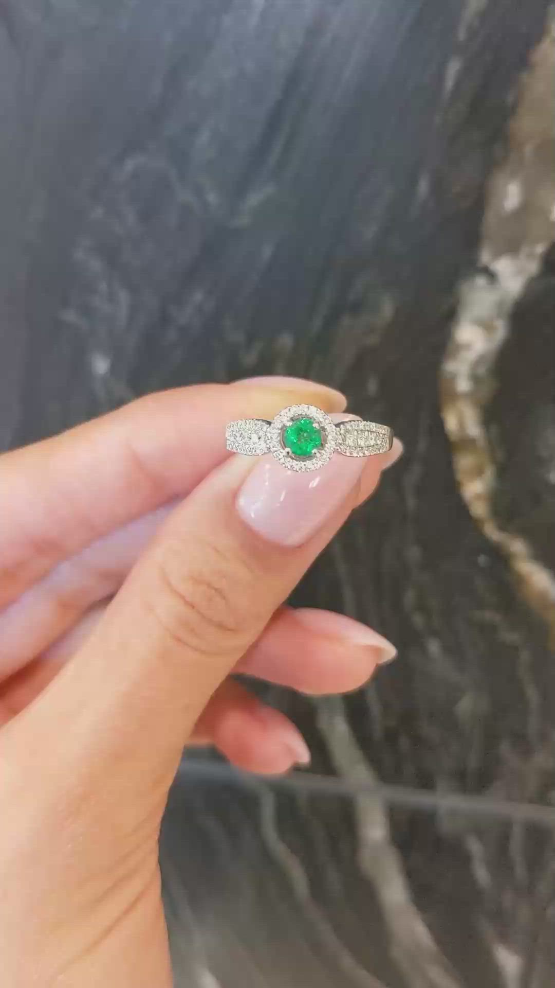0.24 Ct. Emerald and Natural Diamond Pave Ring, 18K White Gold Size Video