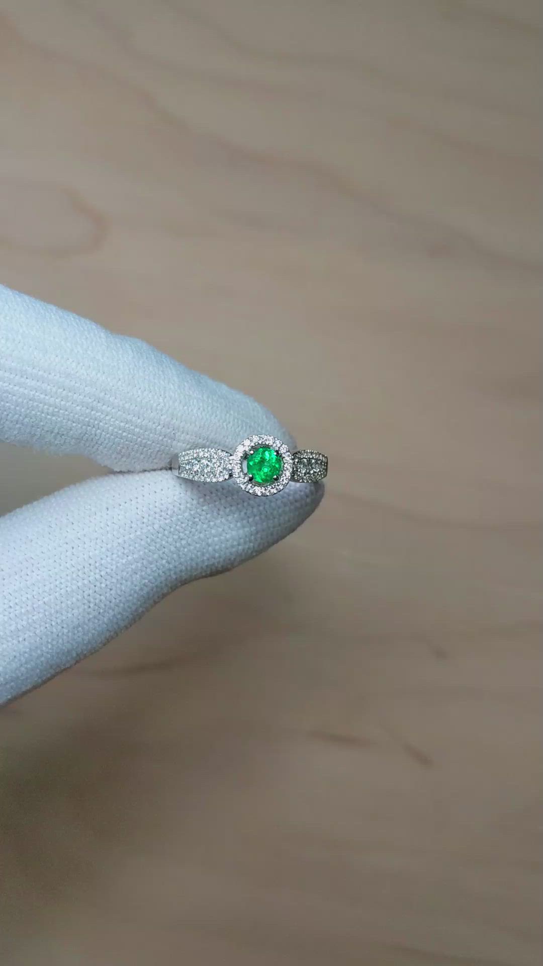 0.24 Ct. Emerald and Natural Diamond Pave Ring, 18K White Gold Size Video