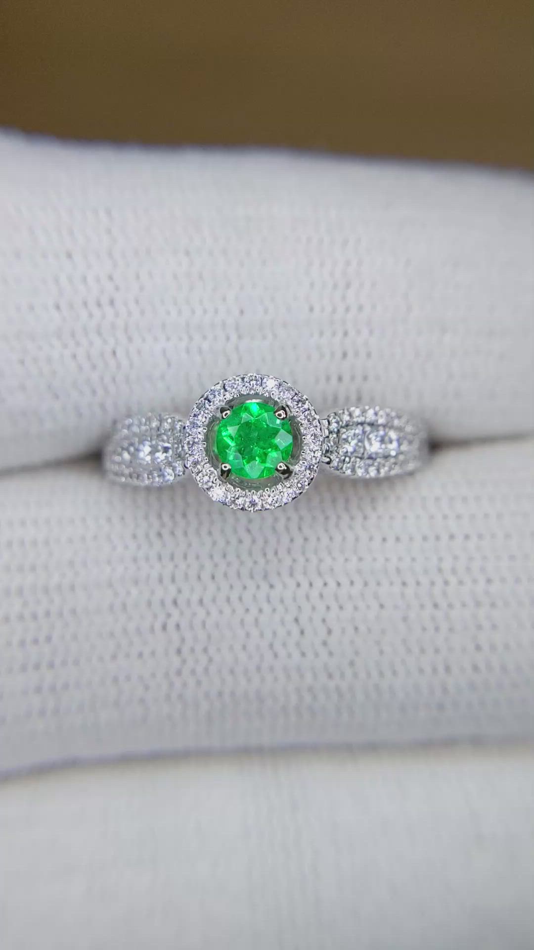 0.24 Ct. Emerald and Natural Diamond Pave Ring, 18K White Gold Size Video