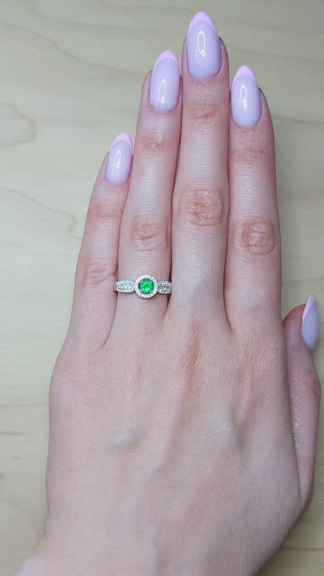 0.24 Ct. Emerald and Natural Diamond Pave Ring, 18K White Gold Size Video