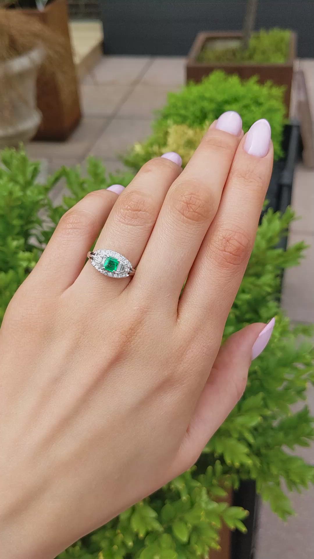 0.49 Ct. Emerald and Natural Diamond Pave Ring, Platinum 950 Size Video