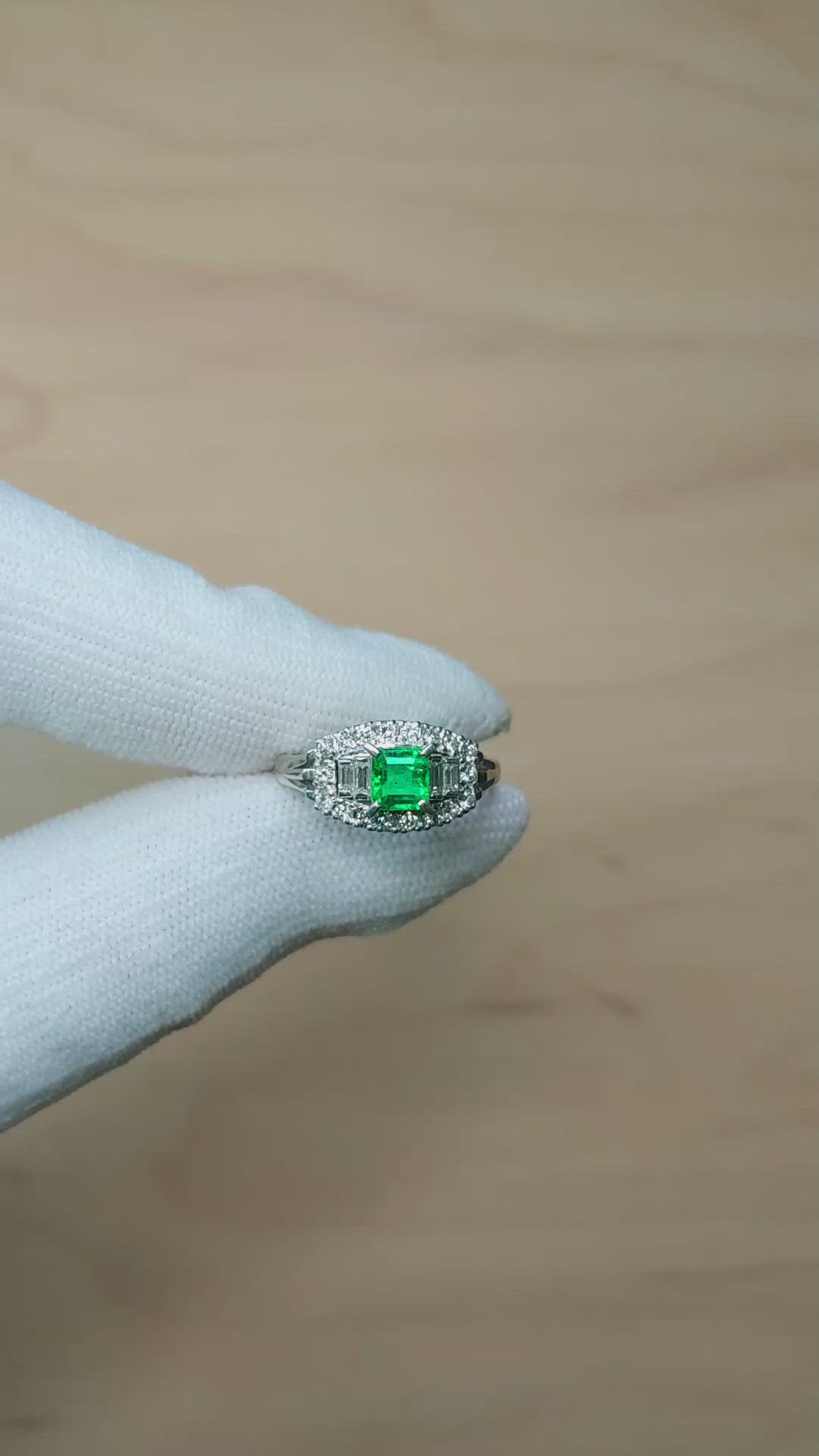 0.49 Ct. Emerald and Natural Diamond Pave Ring, Platinum 950 Size Video