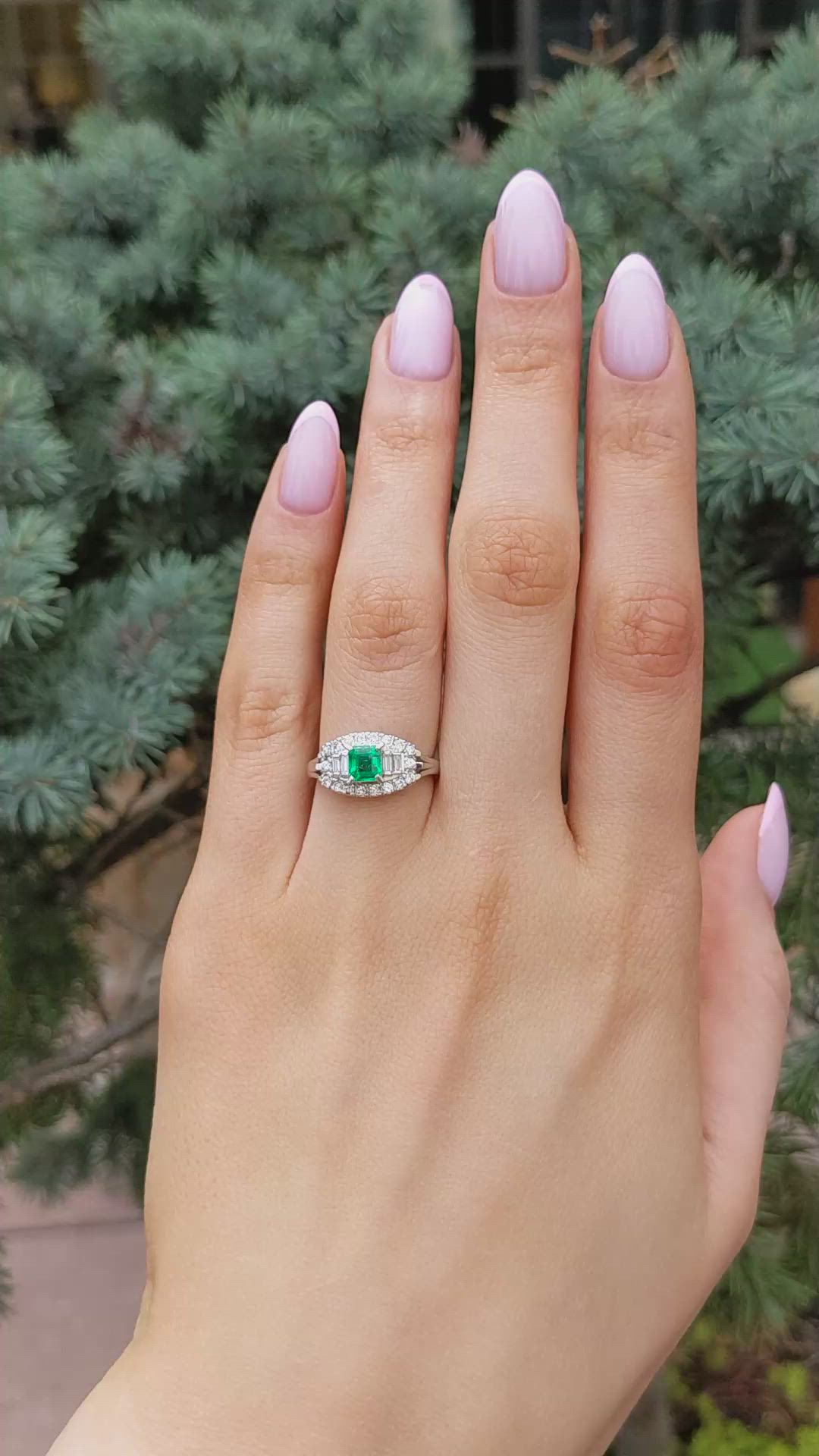 0.49 Ct. Emerald and Natural Diamond Pave Ring, Platinum 950 Size Video