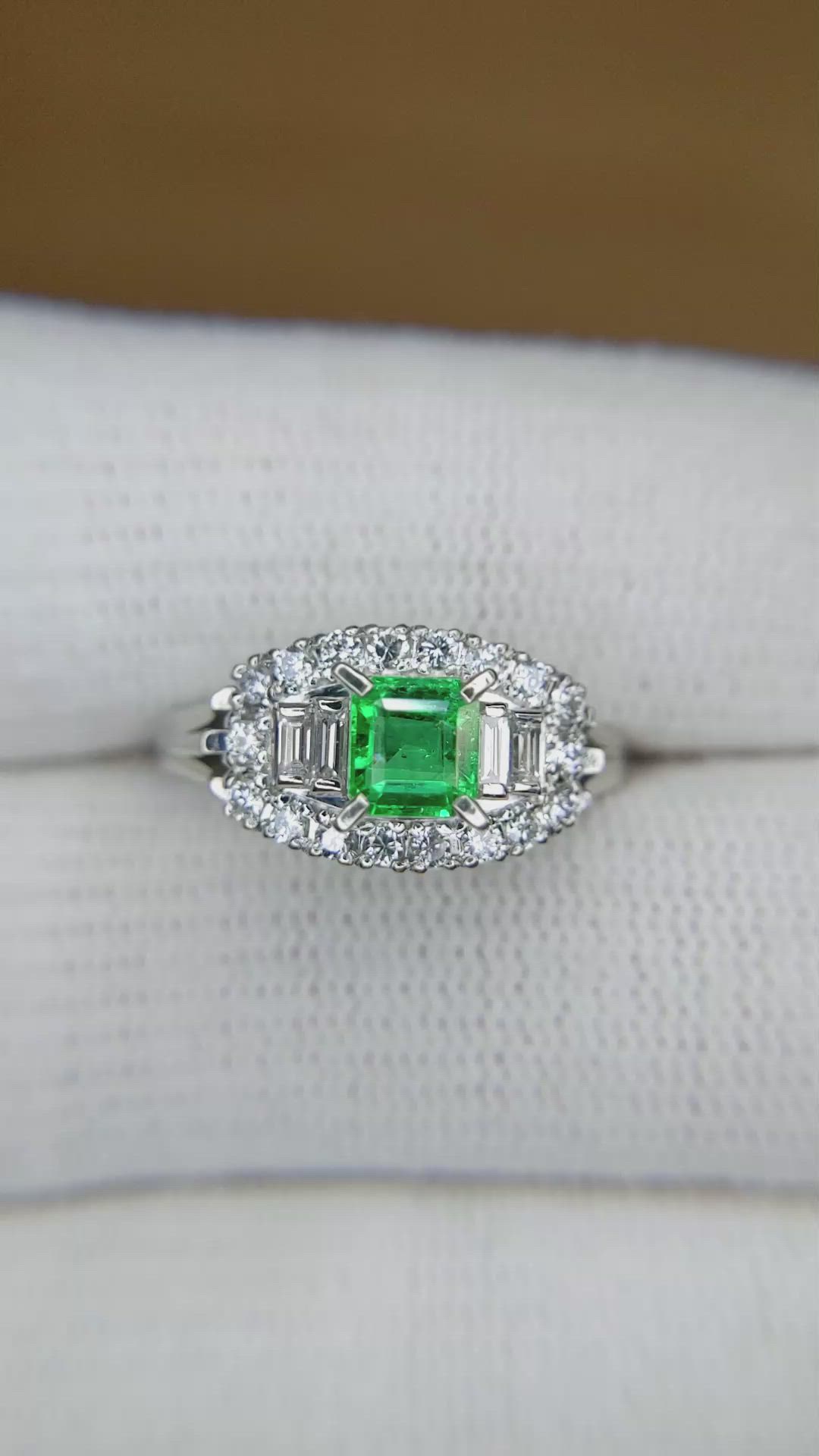 0.49 Ct. Emerald and Natural Diamond Pave Ring, Platinum 950 Size Video