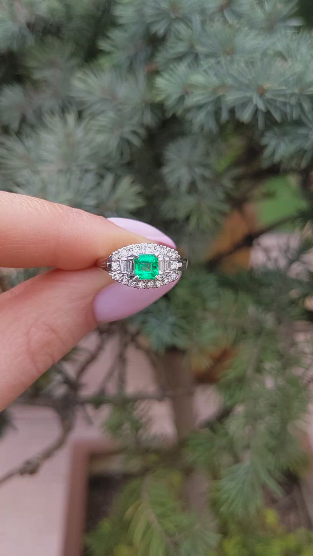 0.49 Ct. Emerald and Natural Diamond Pave Ring, Platinum 950 Size Video